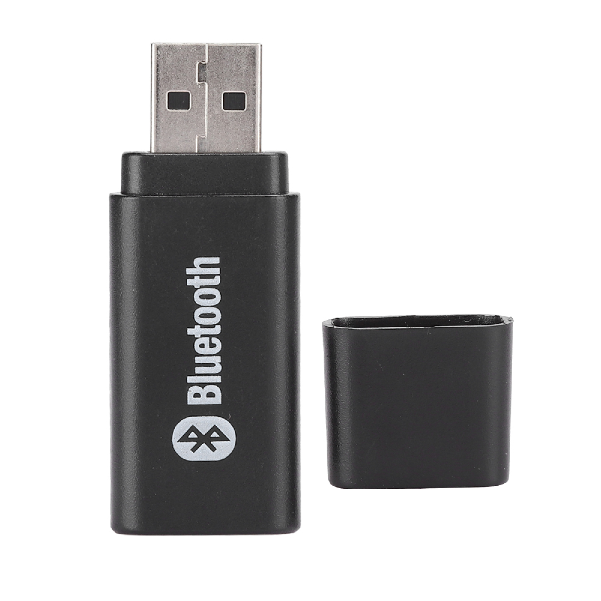 Ein schwarzer USB-Bluetooth-Adapter mit offener Kappe auf weiÃem Hintergrund.