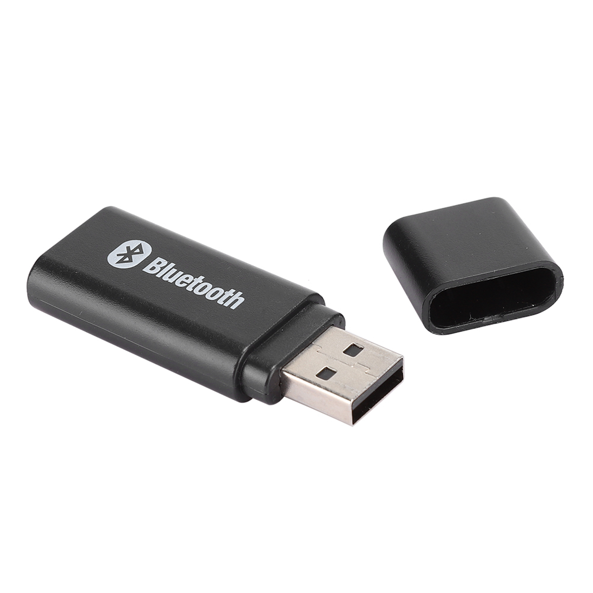 Ein schwarzer Bluetooth-USB-Adapter mit entfernter Schutzkappe auf weißem Hintergrund.