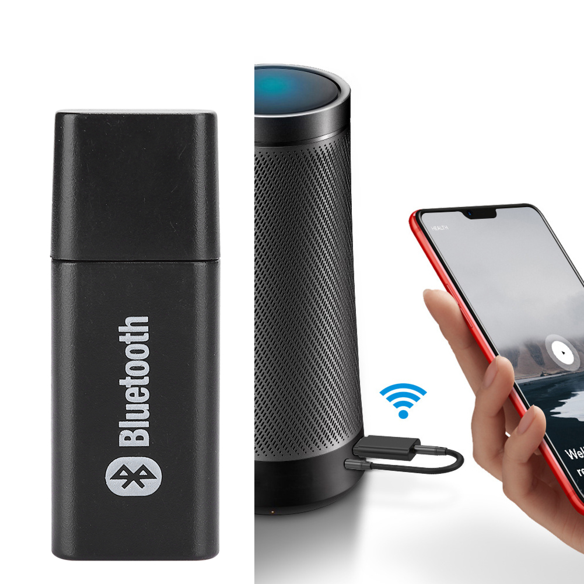 Ein schwarzer Bluetooth-Adapter neben einem zylindrischen Lautsprecher, der kabellos mit einem Smartphone verbunden ist.