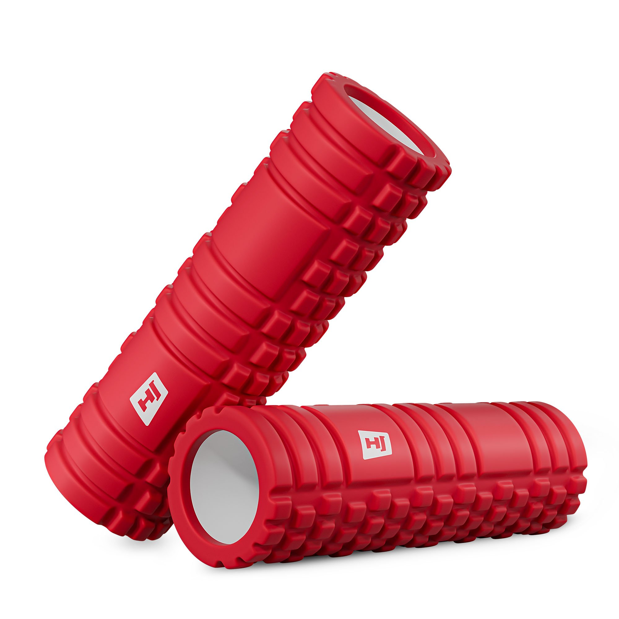 Zwei rote Fitness-Faszienrollen mit weißem Logo auf weißem Hintergrund.