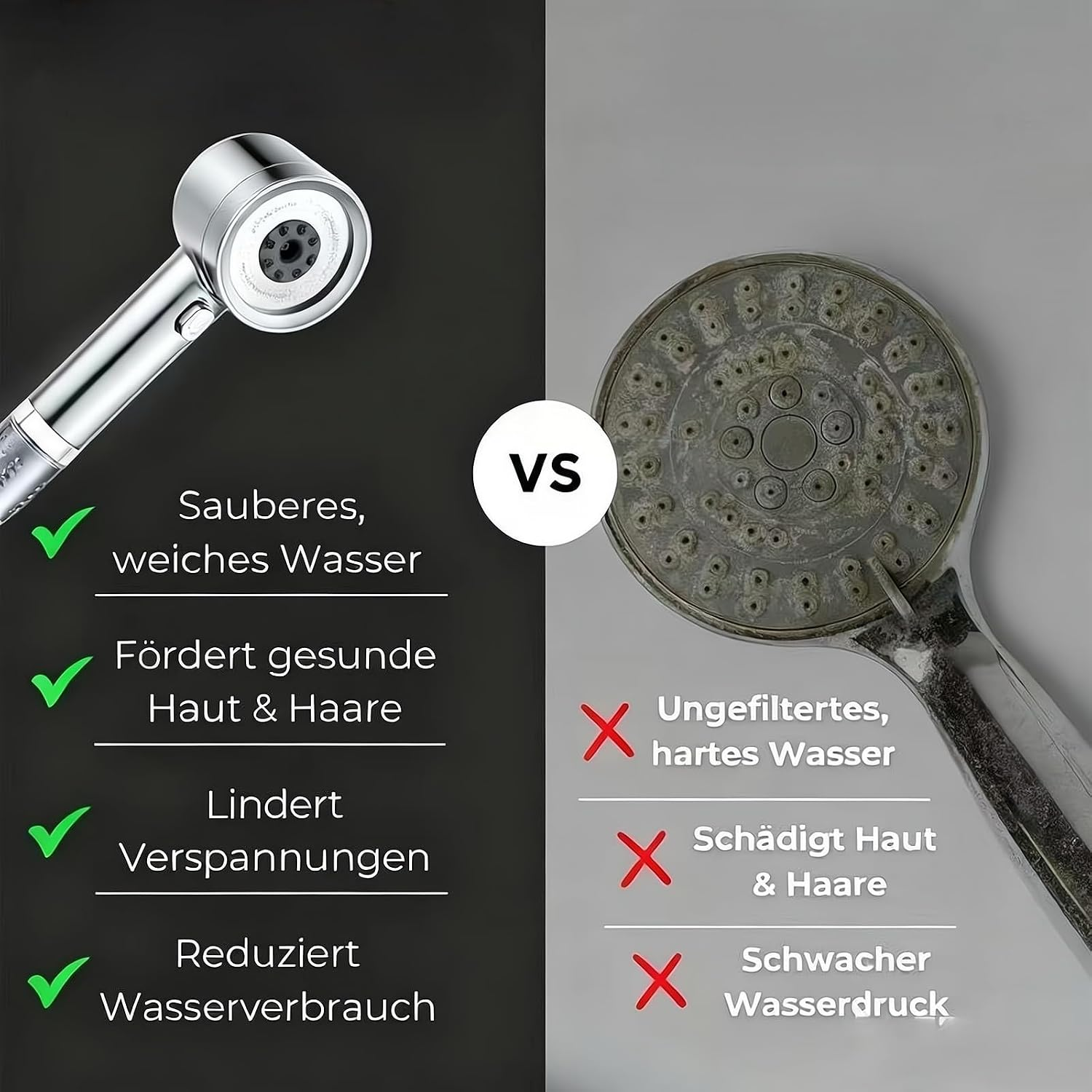 Vergleich eines sauberen Duschkopfs mit einem verkalkten Duschkopf und Vor- und Nachteilen.