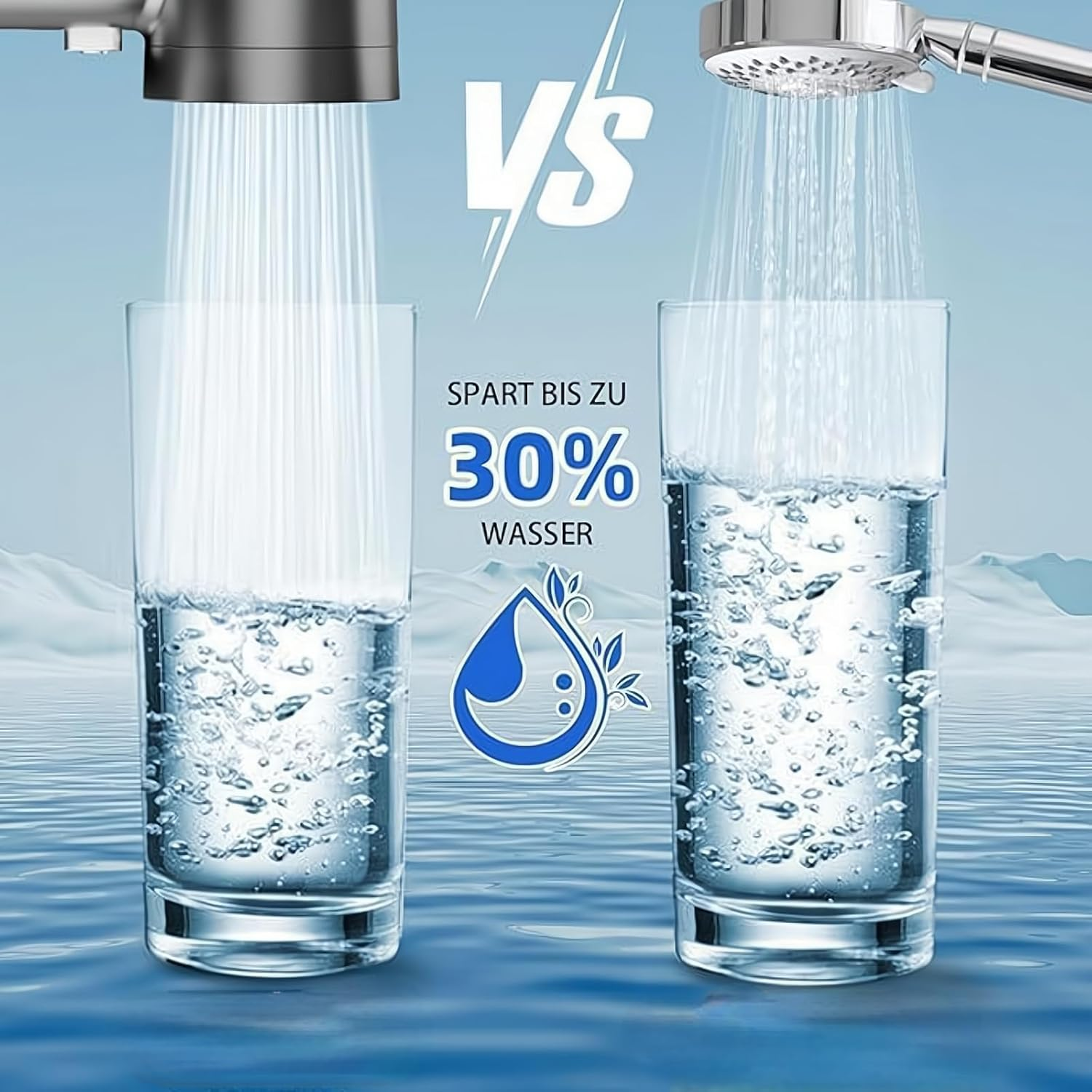 Vergleich zweier Duschköpfe, einer mit weniger Wasserfluss, Text: Spart bis zu 30% Wasser.