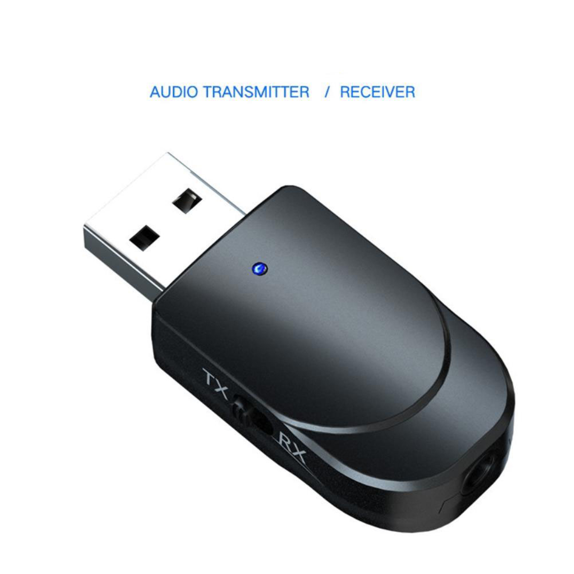 Schwarzer USB-Audio-Sender und -Empfänger mit blauer Kontrollleuchte und Klinkenanschluss.