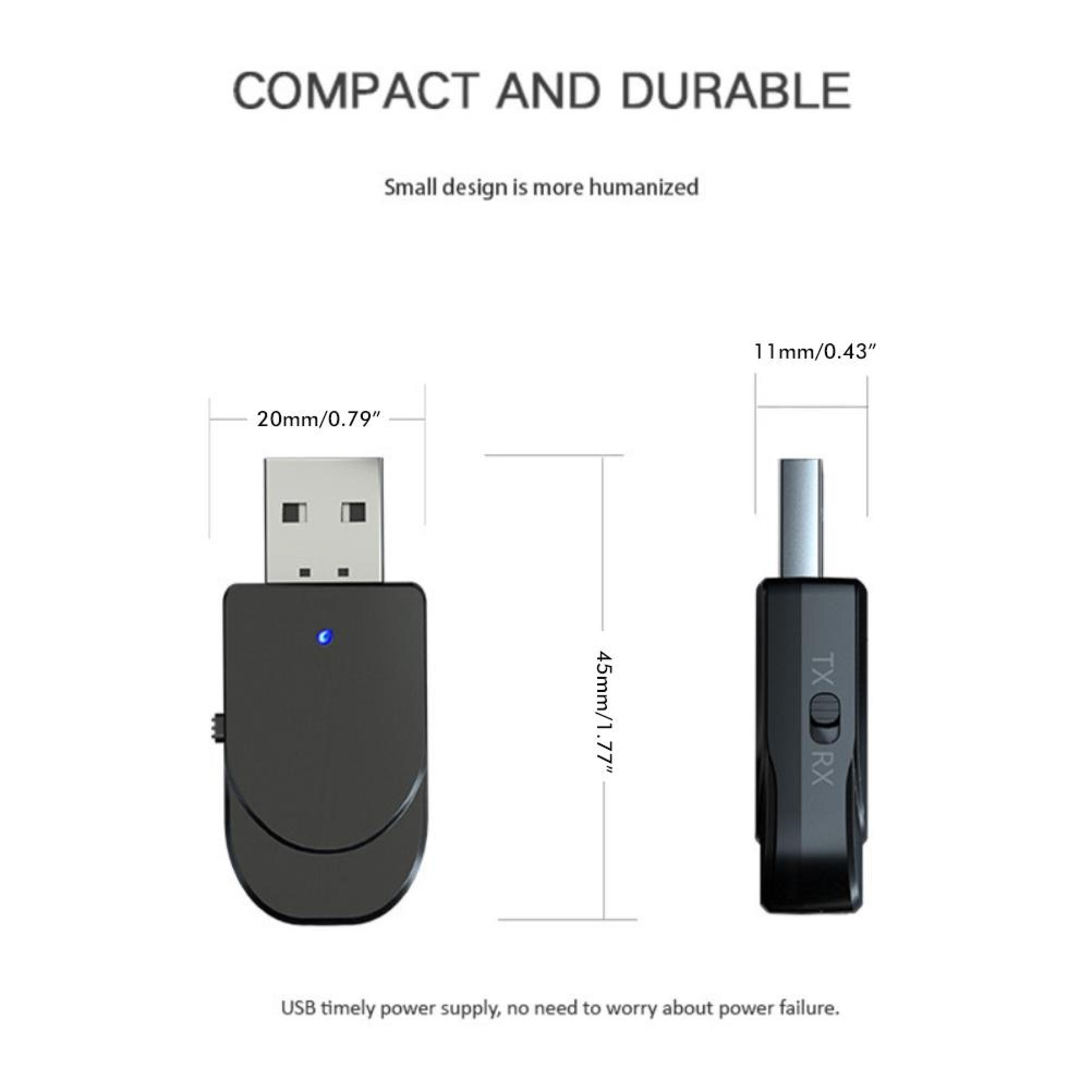 Kompakter schwarzer USB-Adapter mit Maßen und Beschriftung TX/RX.