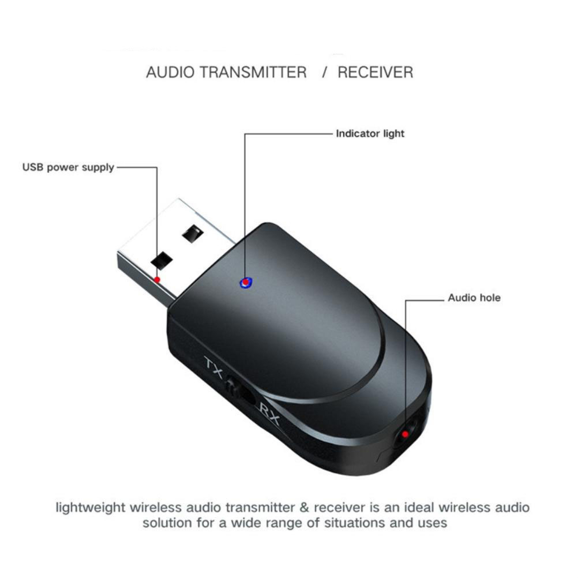 Ein schwarzer USB-Audio-Transmitter und -Empfänger mit Indikatoren und Audioanschluss.