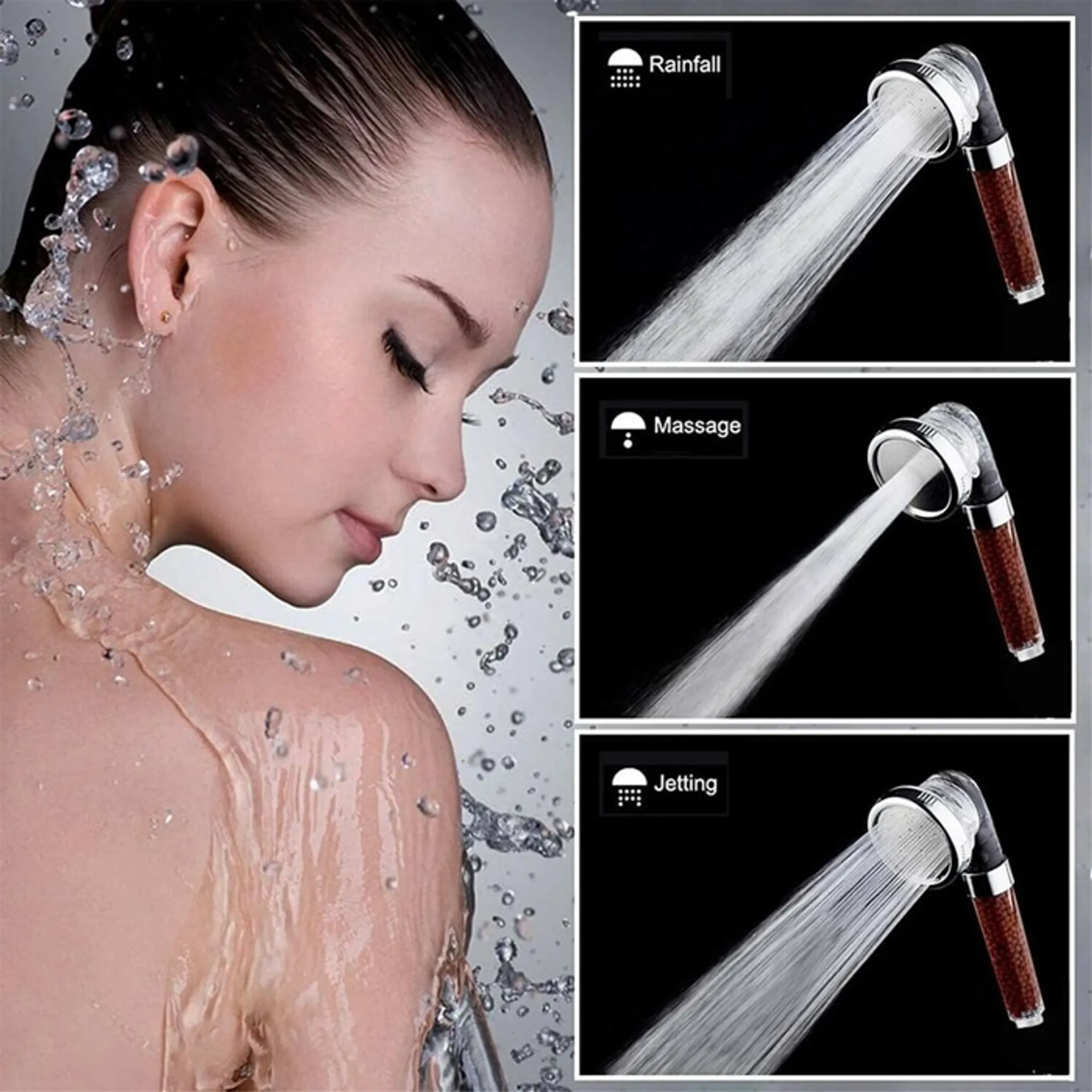Eine Frau genießt Wasserspritzer und drei Panels mit Regen-, Massage- und Strahl-Duschkopfmodi.
