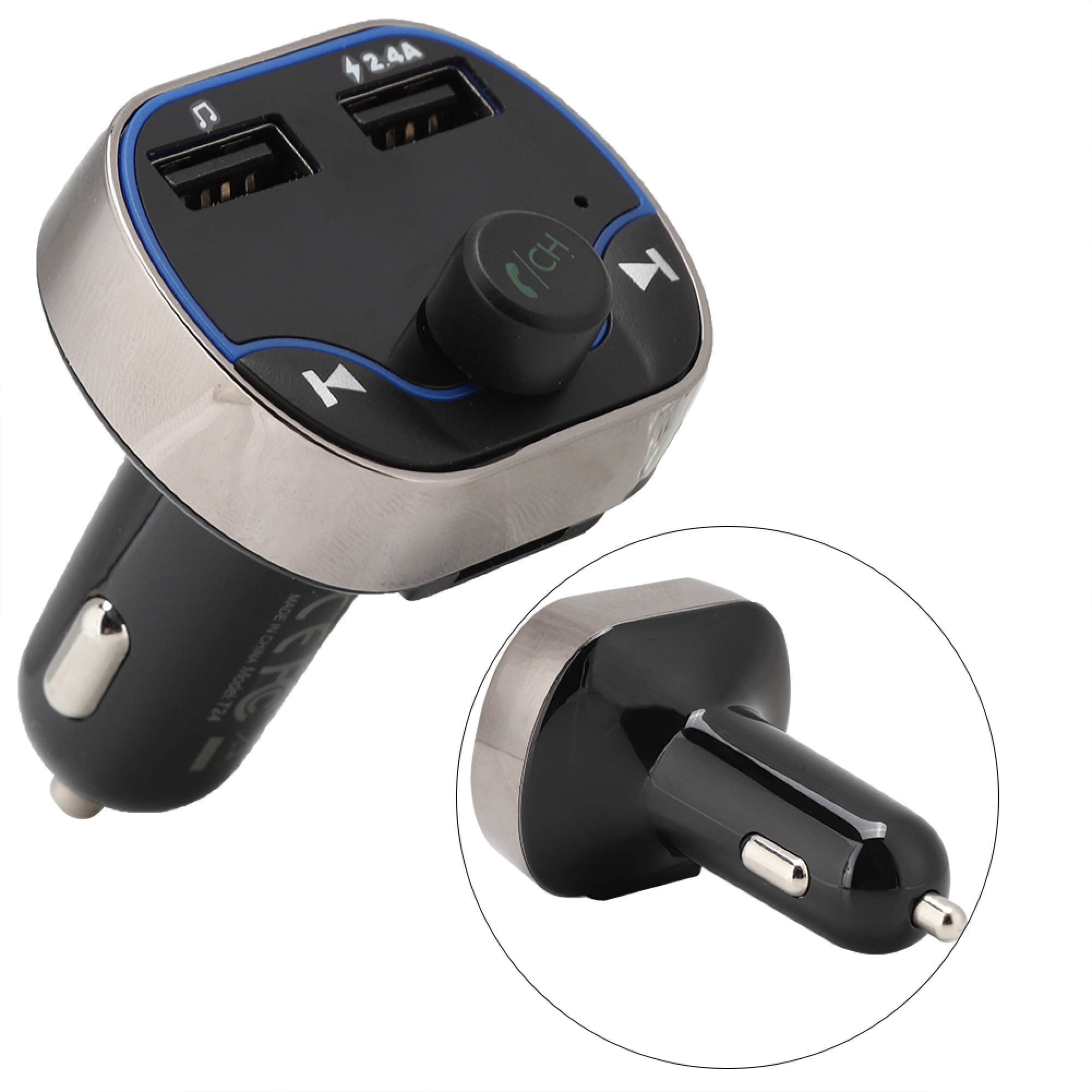 Ein schwarz-silberner Auto-FM-Transmitter mit zwei USB-Anschlüssen und Steuertasten, aus zwei Perspektiven.
