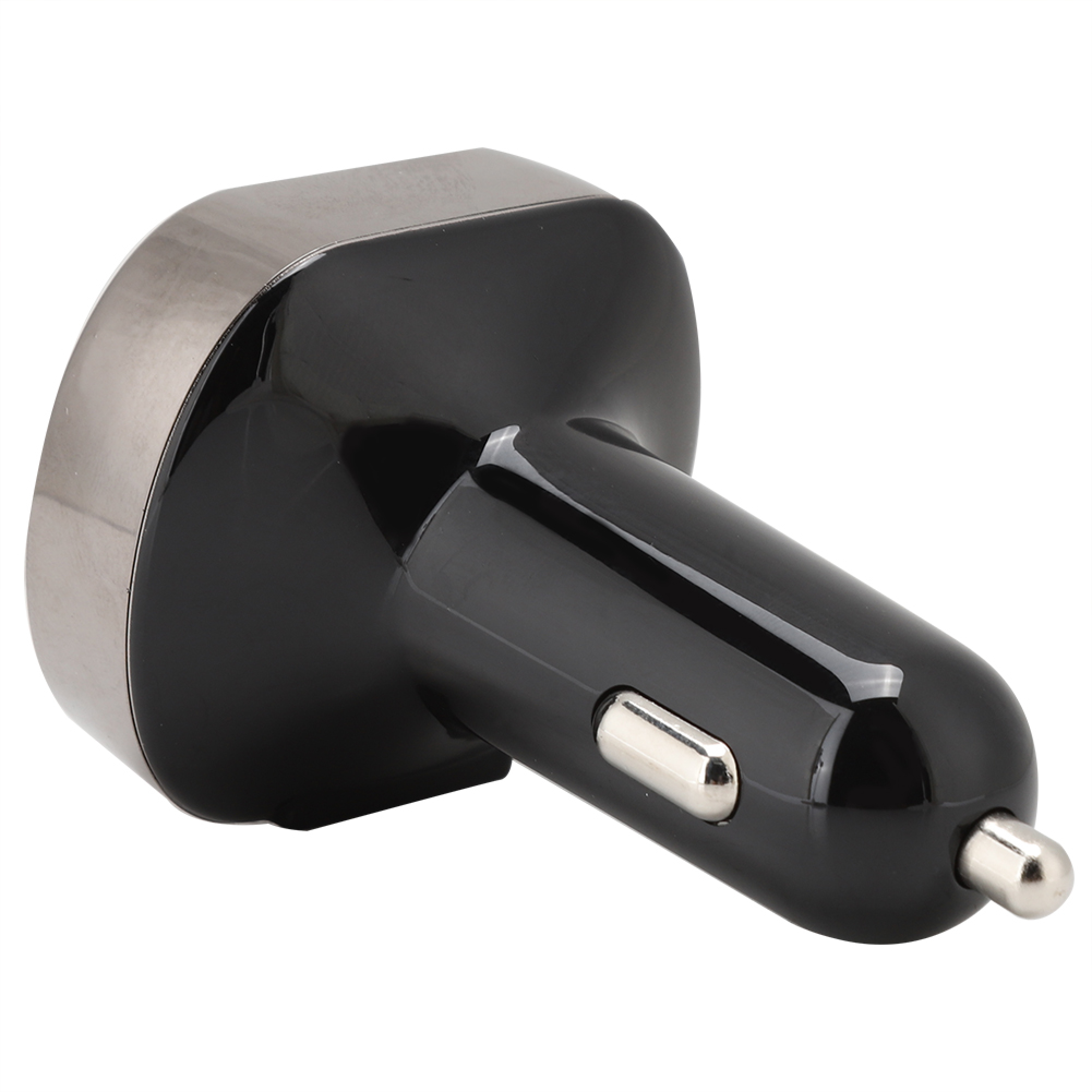 Ein schwarz-silbernes USB-Kfz-Ladegerät mit glänzender Oberfläche vor weißem Hintergrund.