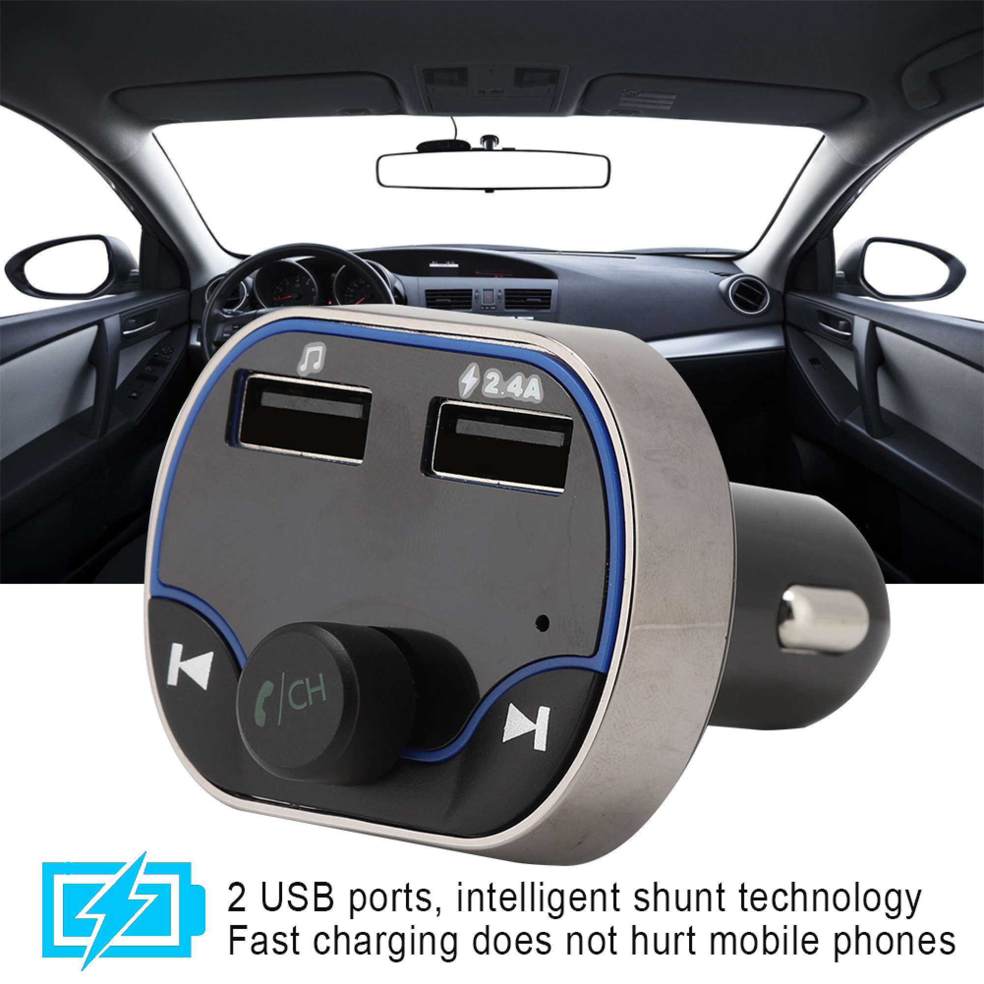 Ein Auto-Bluetooth-FM-Transmitter mit zwei USB-Anschlüssen und Bedientasten, platziert vor einem Auto-Innenraum.