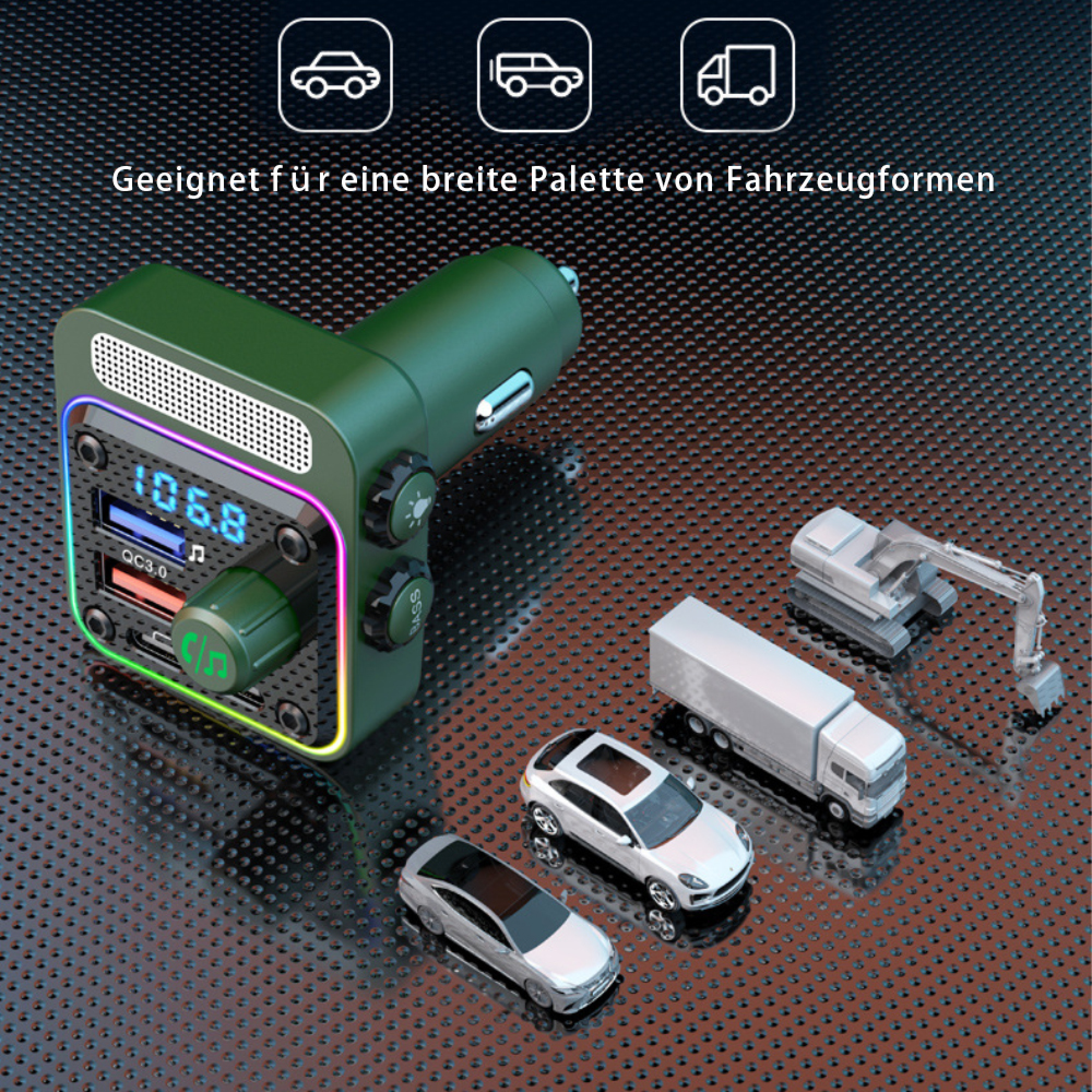 Grüner Auto-FM-Transmitter mit Display und Knöpfen auf schwarzem Hintergrund, dazu kleine weiße Fahrzeugmodelle.