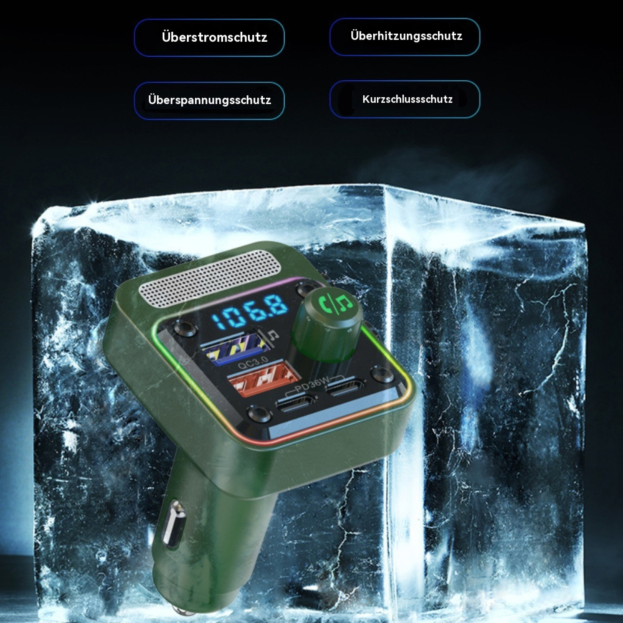 Grüner Auto-FM-Transmitter vor einem großen Eisblock, mit USB-Anschlüssen und digitalem Display.