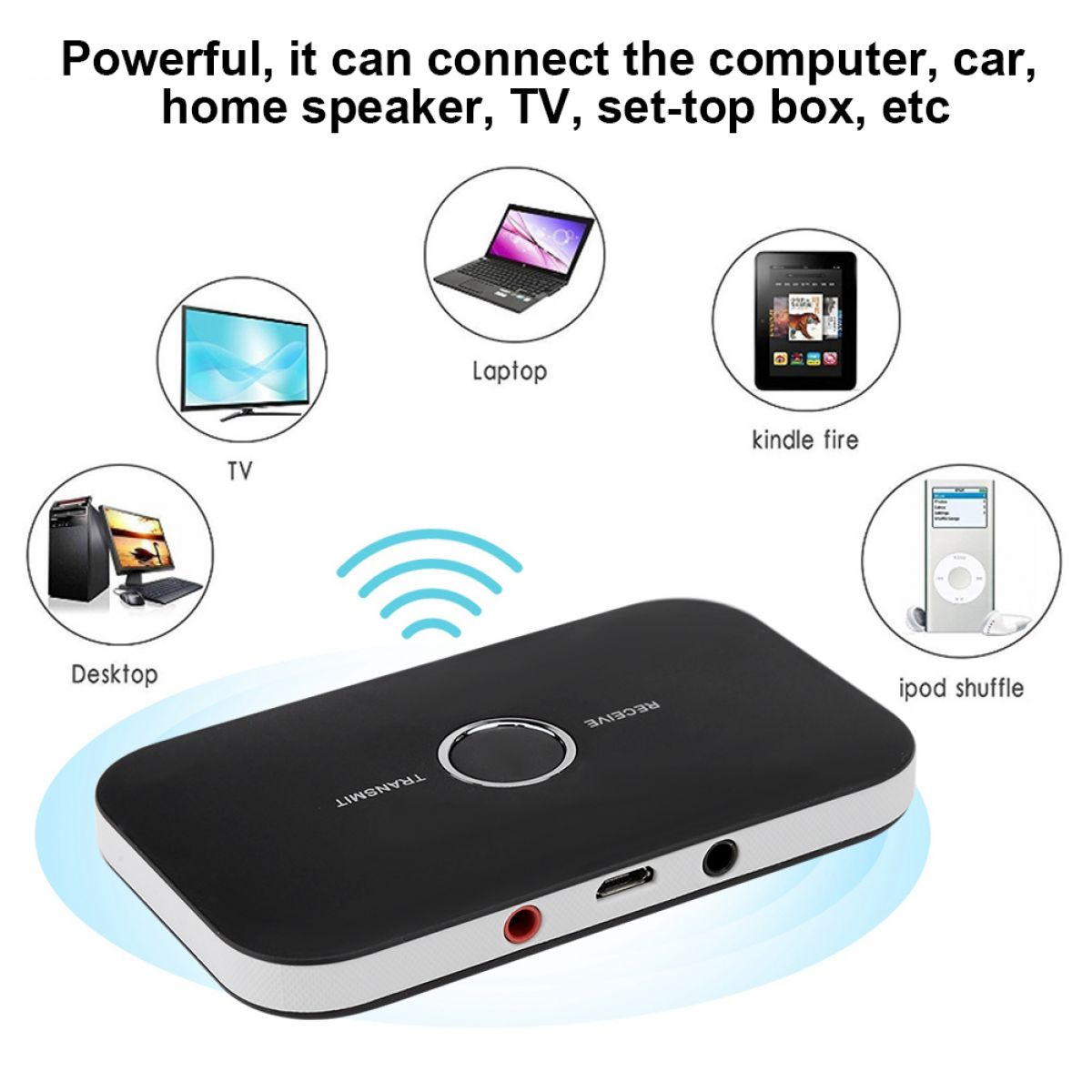 Ein schwarzer Bluetooth-Adapter verbindet sich drahtlos mit Fernsehern, Laptops, Tablets und iPods.