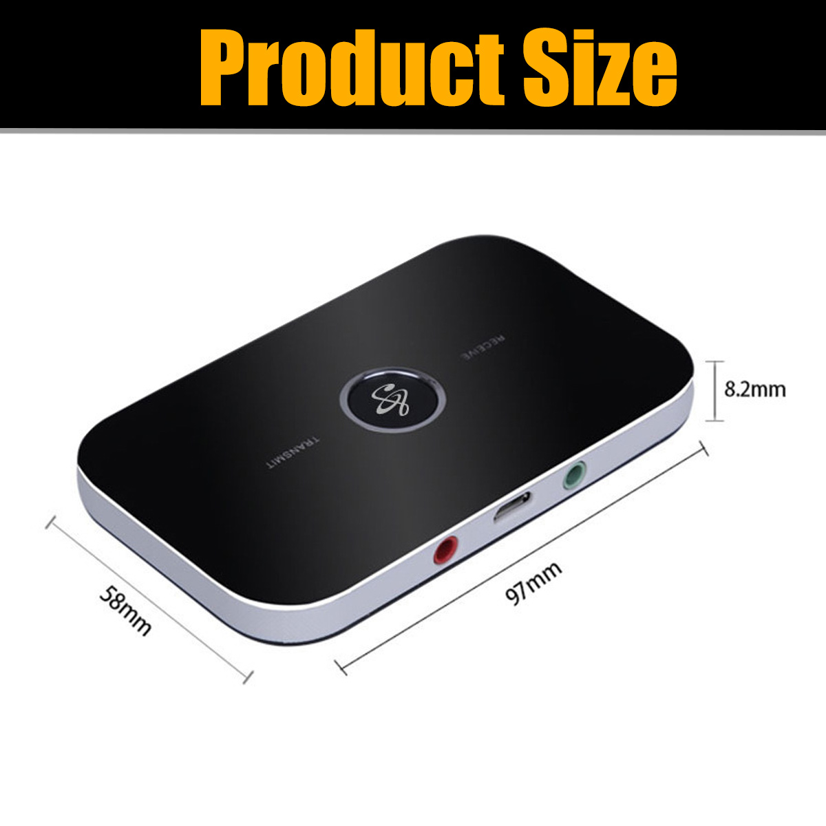 Schwarzer Bluetooth-Audio-Adapter mit Maßen: 97mm lang, 58mm breit und 8,2mm dick.