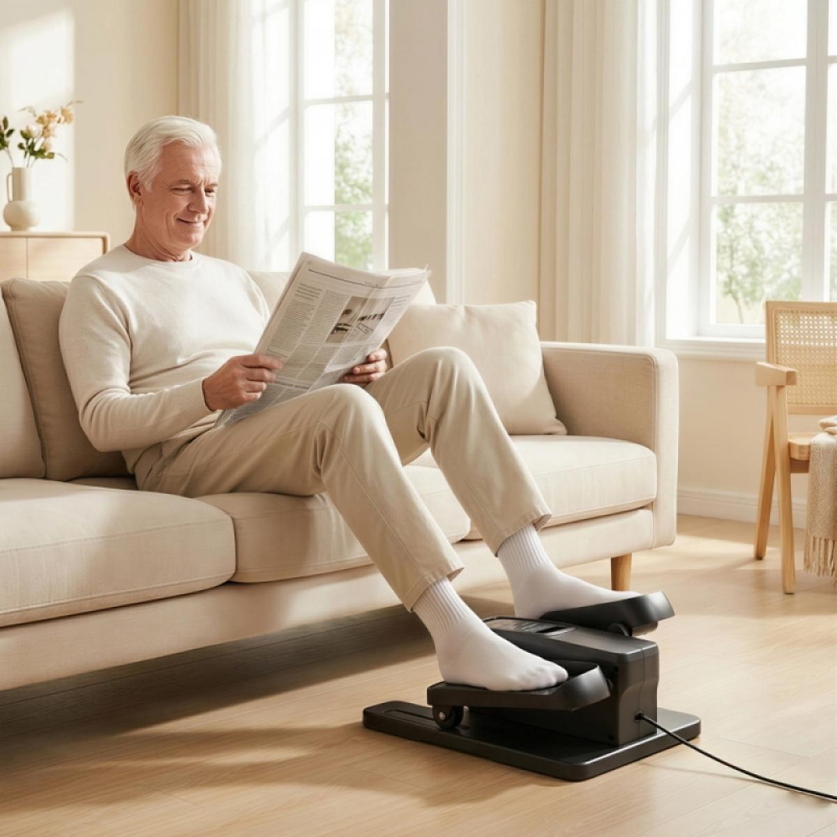Älterer Mann sitzt auf dem Sofa, liest Zeitung und nutzt ein Under-Desk-Bike.