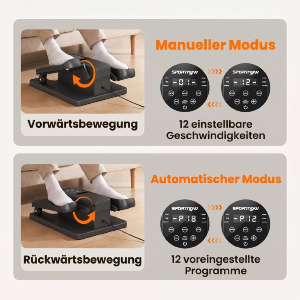 Übersicht des Untertisch-Heimtrainers mit manuellen und automatischen Modi sowie Geschwindigkeitsstufen.