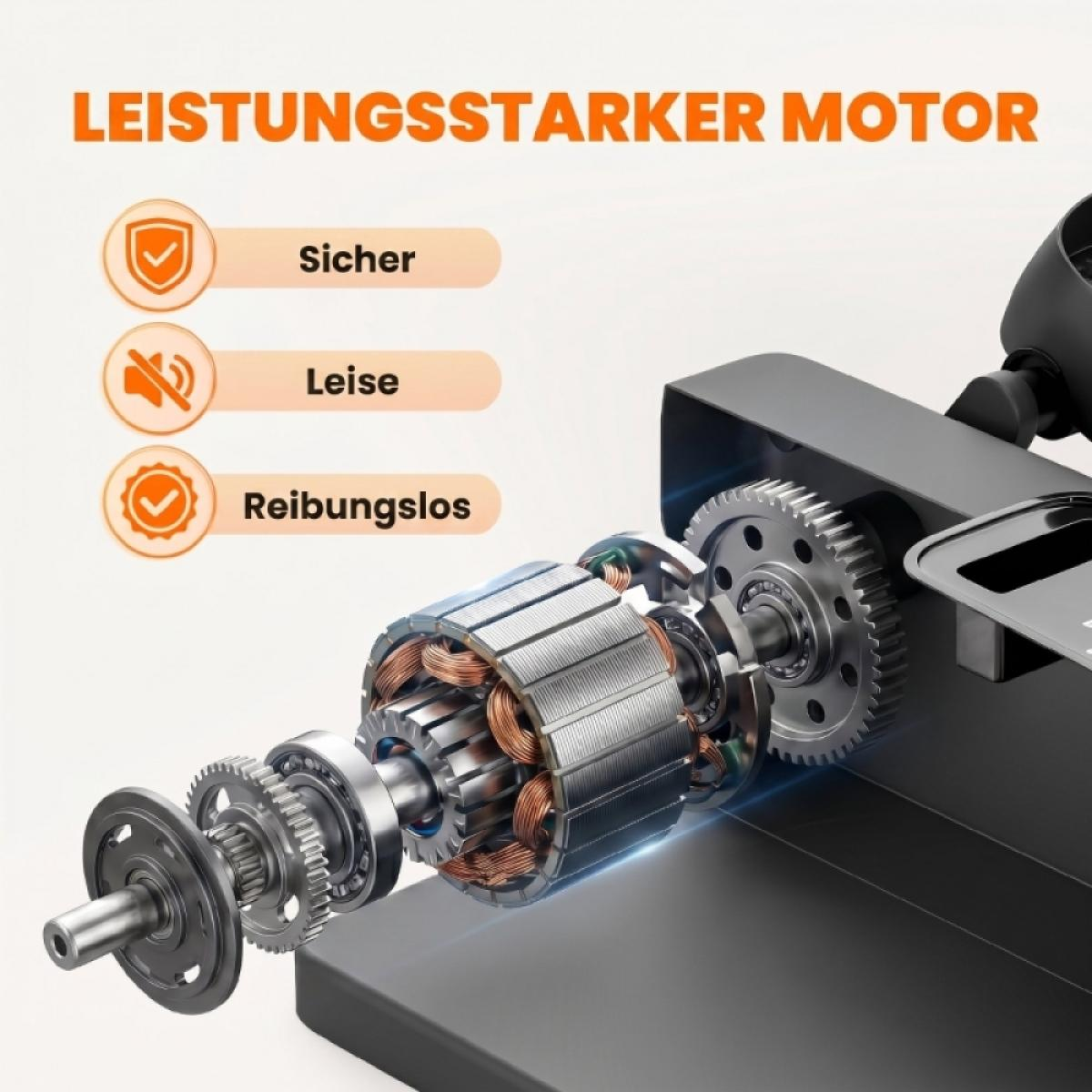Ein Diagramm zeigt die Teile eines leistungsstarken Motors mit den Merkmalen sicher, leise und reibungslos.