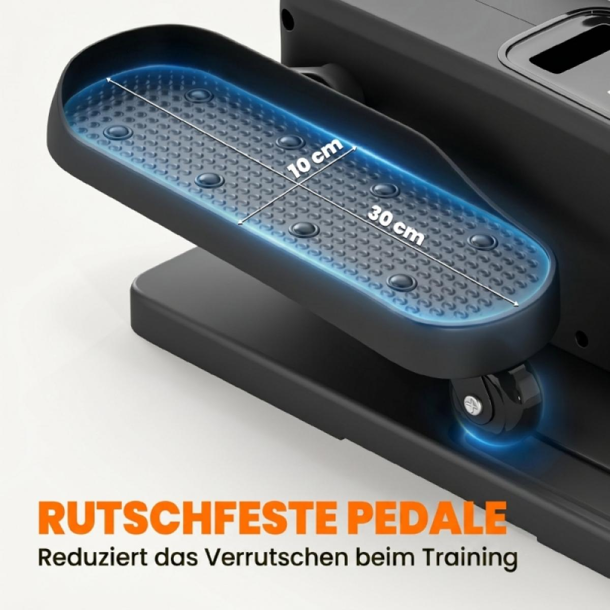 Nahaufnahme eines rutschfesten Pedals auf einem schwarzen Trainingsgerät mit Maßen von 30 cm Länge und 10 cm Breite.