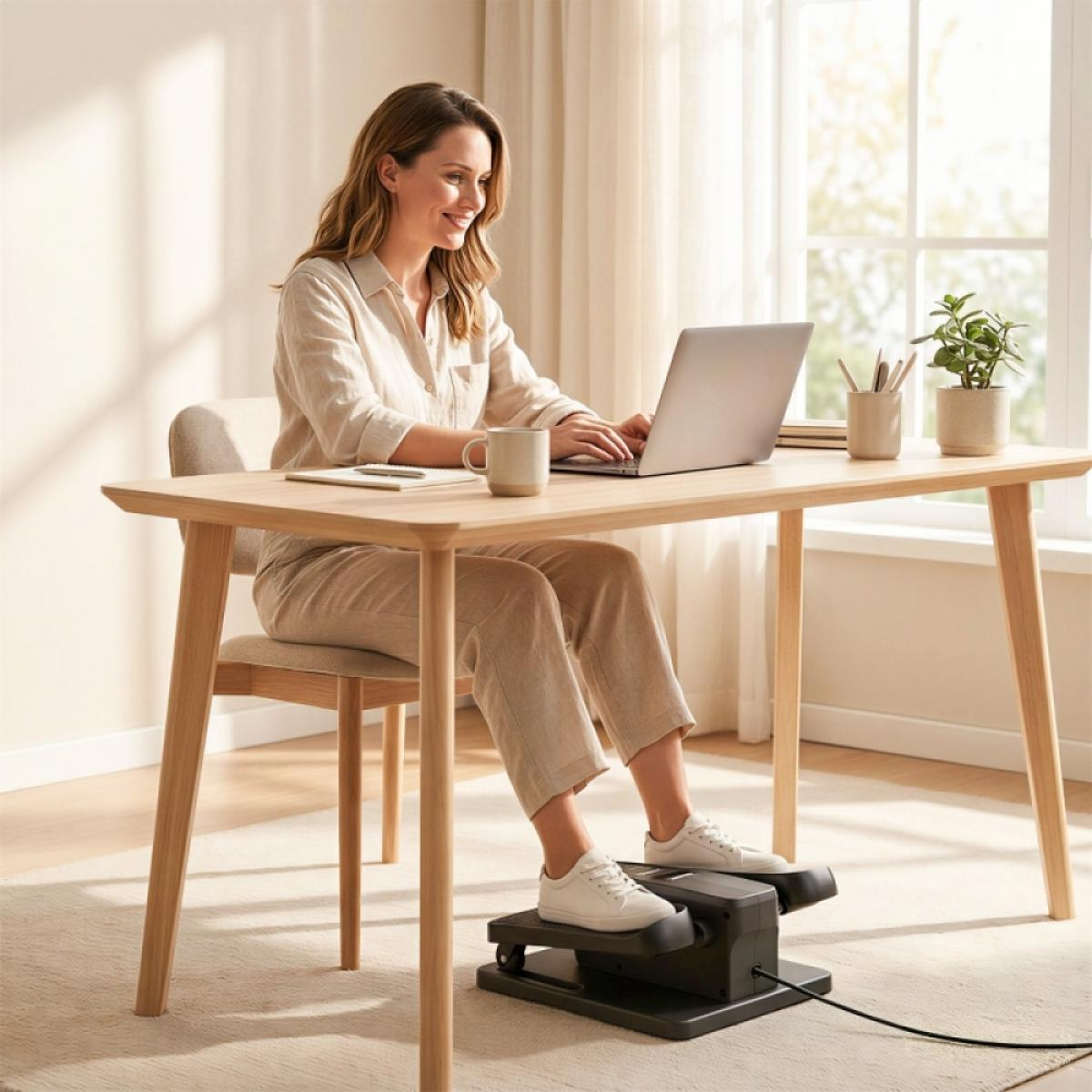 Eine lächelnde Frau sitzt an einem Holztisch und nutzt einen Laptop, während ihre Füße auf einem Under-Desk-Crosstrainer ruhen.