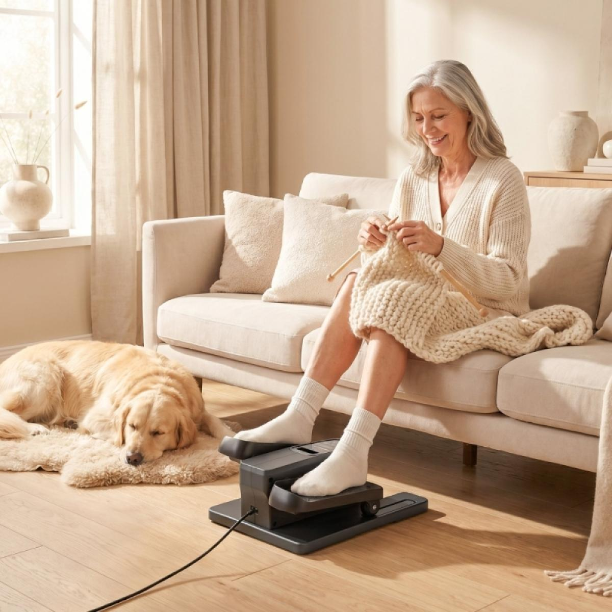Eine ältere Frau sitzt auf einem beige Sofa, strickt eine Decke und nutzt ein Pedalgerät. Ein Hund schläft auf einem Teppich.