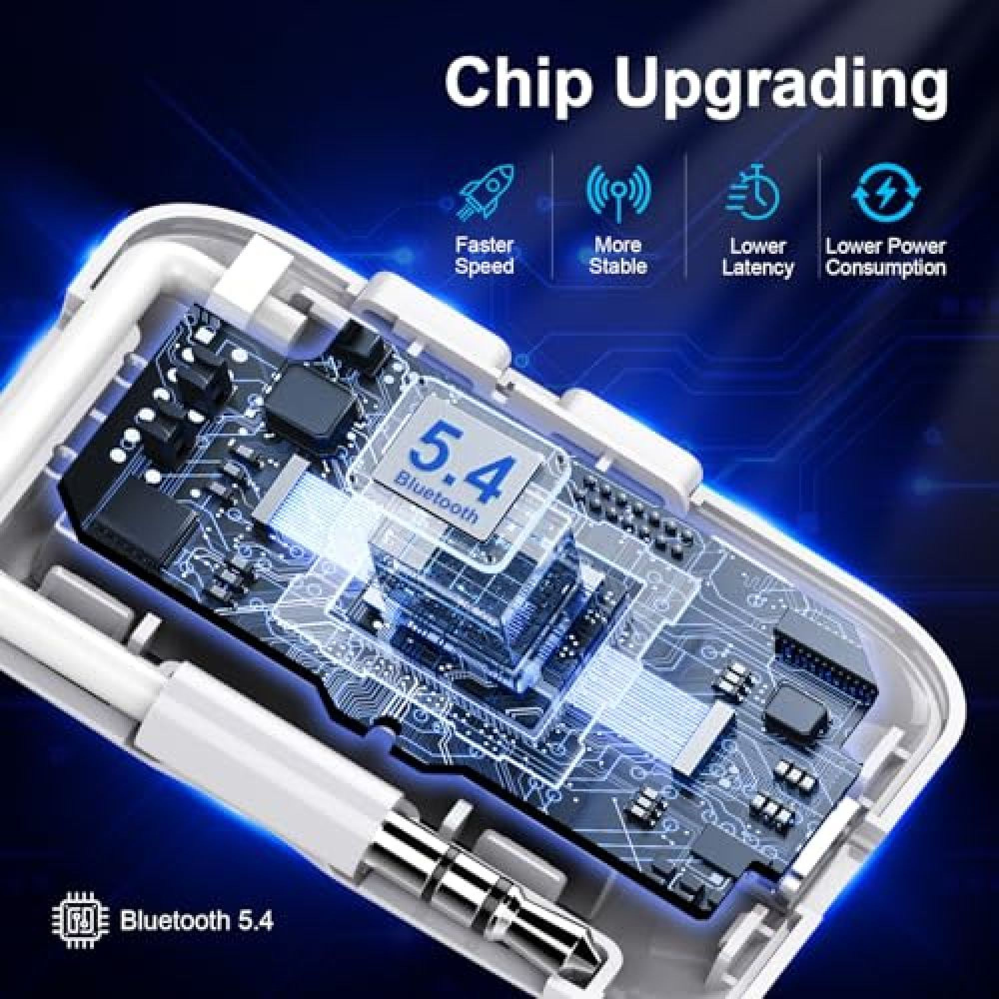 Nahaufnahme eines Bluetooth 5.4-Chip-Upgrades in einem Gerät, das Geschwindigkeit, Stabilität und Effizienz betont.