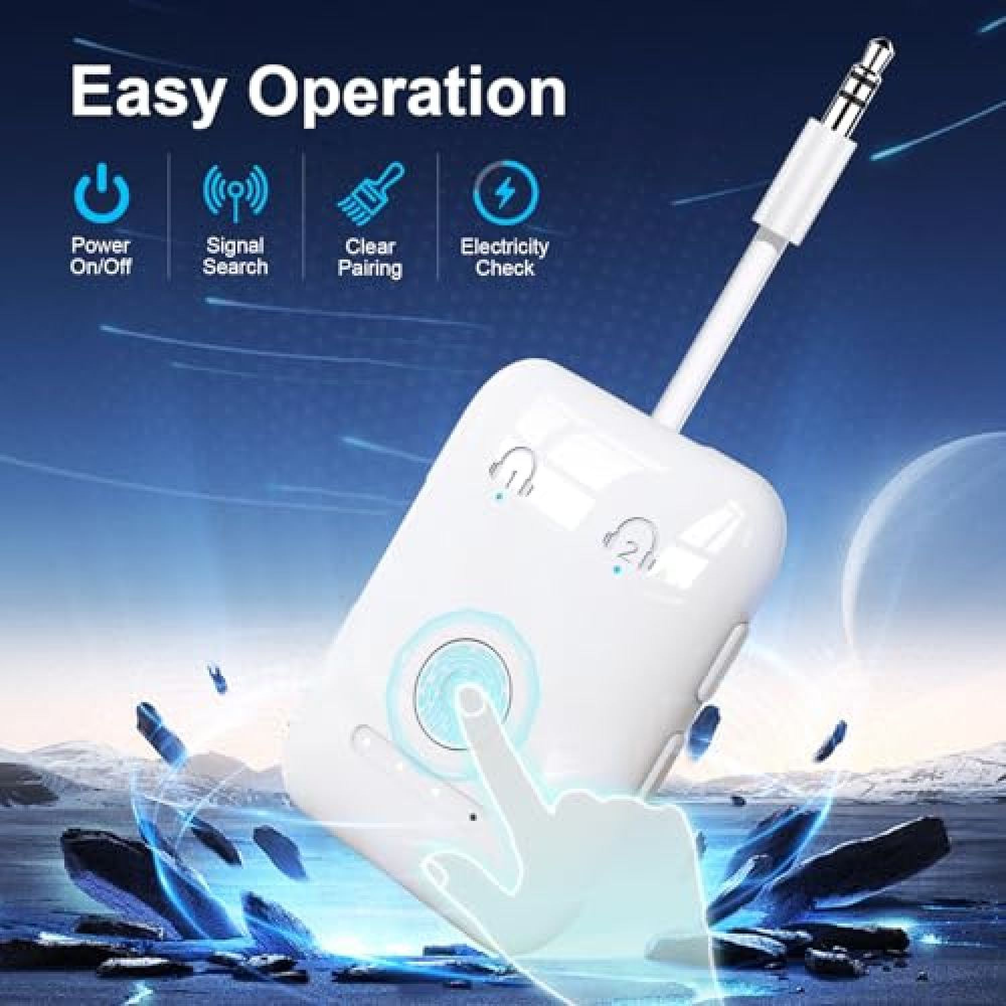 Ein weißer Audioadapter mit Kabel und Touch-Bedienung vor blauem Weltraumhintergrund.