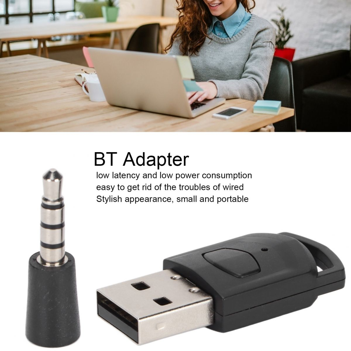 Ein BT-Adapter mit Klinkenstecker und USB-Anschluss, beworben mit Text.