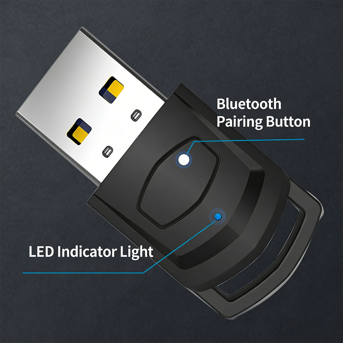 Ein USB-Bluetooth-Adapter mit Bluetooth-Kopplungstaste und LED-Anzeige.