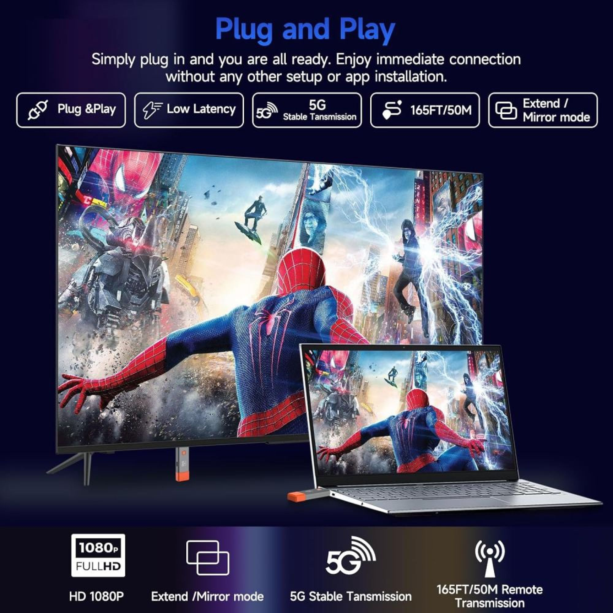 Laptop und TV zeigen Spiderman-Film, verbunden mit drahtlosem Transmitter für 5G, 1080p und 50m Reichweite.
