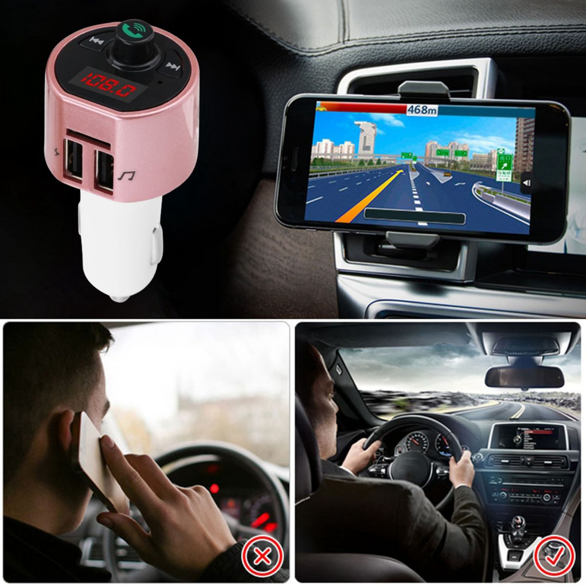 Rosa Bluetooth-Auto-FM-Transmitter mit USB-Ports, Smartphone mit Navigation und Fahrer im Auto.
