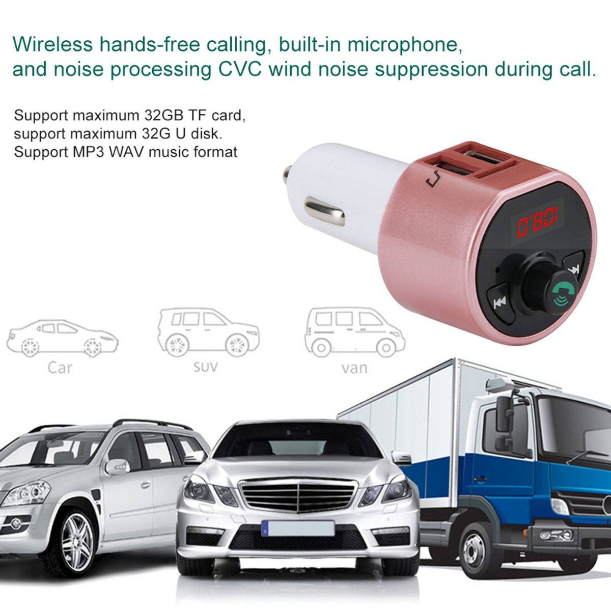 Rosa Bluetooth-Auto-FM-Transmitter mit Text und verschiedenen Fahrzeugen unten.