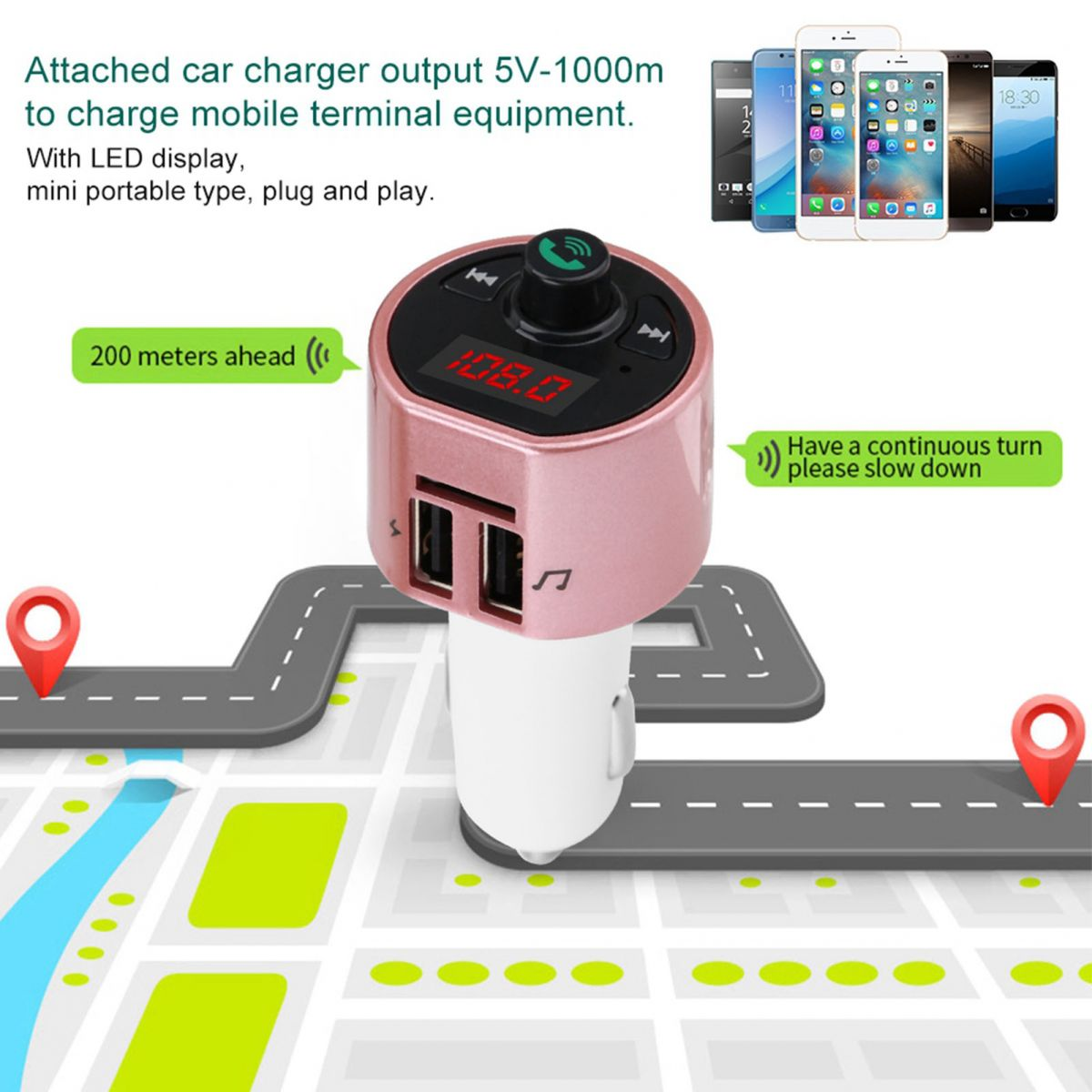 Rosa Bluetooth-Autoladegerät mit zwei USB-Anschlüssen, LED-Display und digitaler Kartendarstellung im Hintergrund.