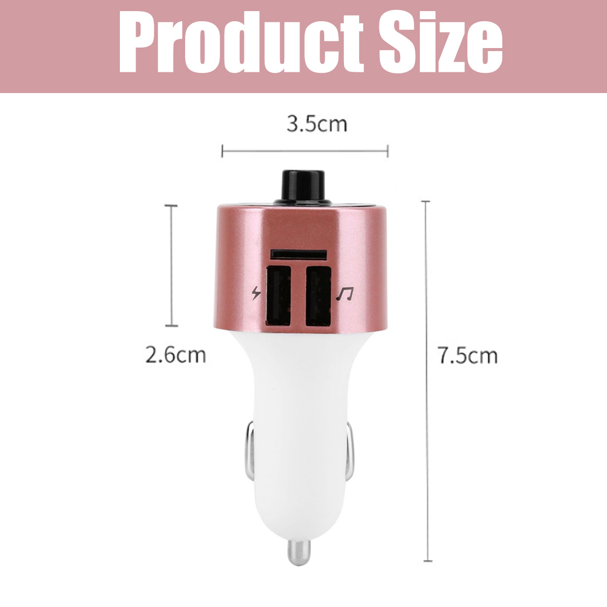 Diagramm zeigt die Abmessungen eines rosafarbenen USB-KFZ-Ladegeräts mit 3,5 cm Breite und 7,5 cm Höhe.