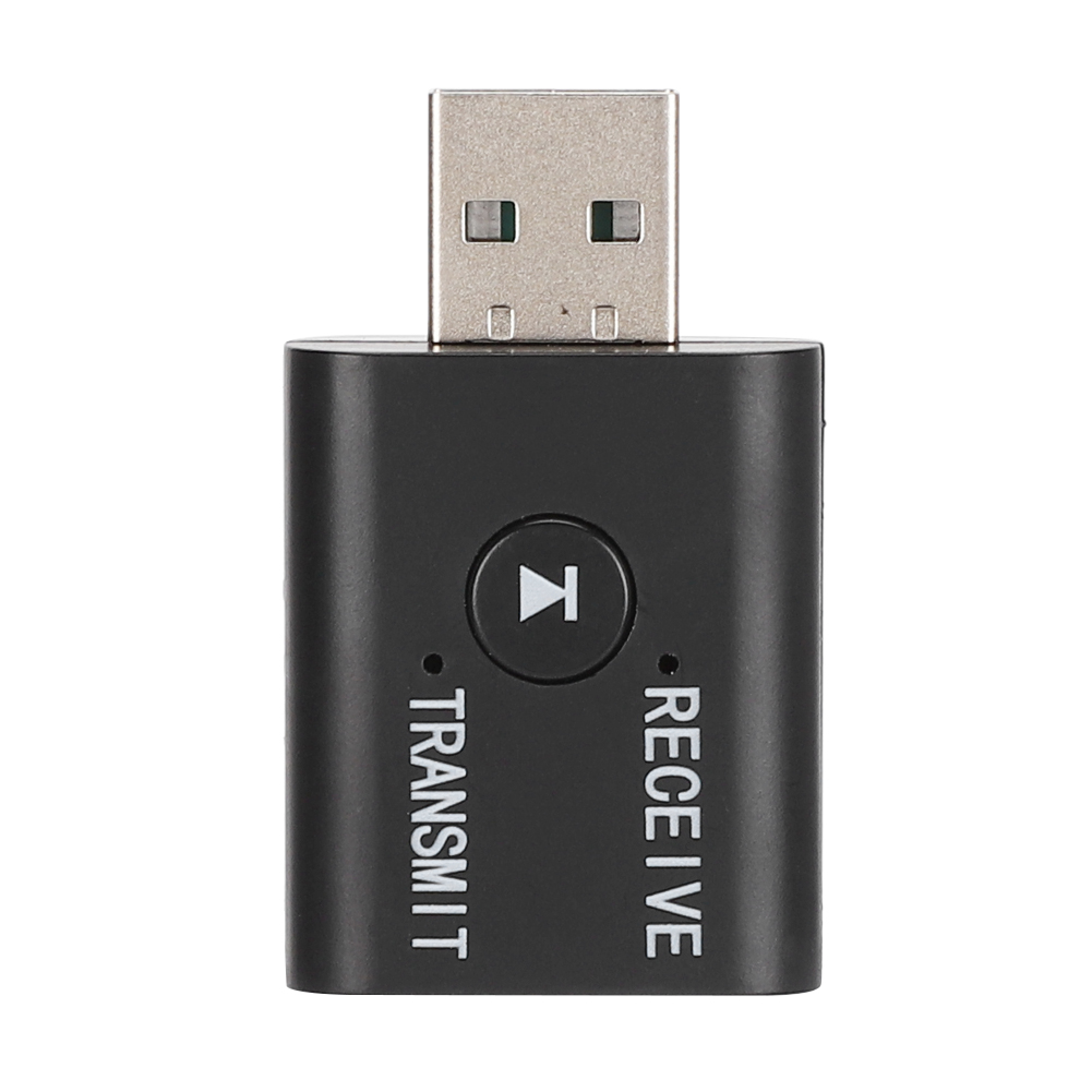 Ein schwarzer USB-Adapter mit einem silbernen Anschluss oben, einer runden Taste und den Aufschriften Transmit und Receive.