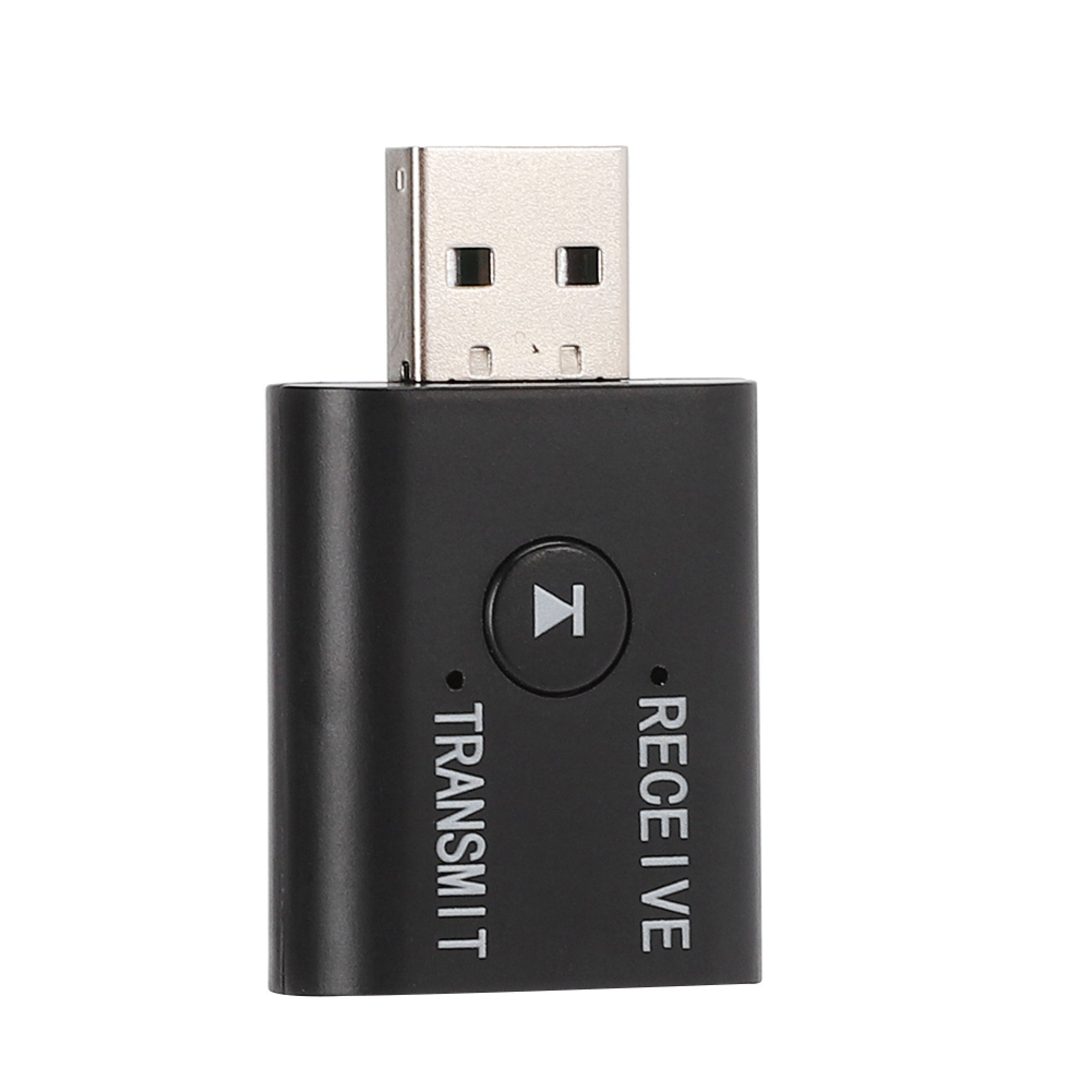 Ein schwarzer USB-Bluetooth-Audio-Sender und -Empfänger mit einem silbernen USB-Anschluss und einer Play-Taste.