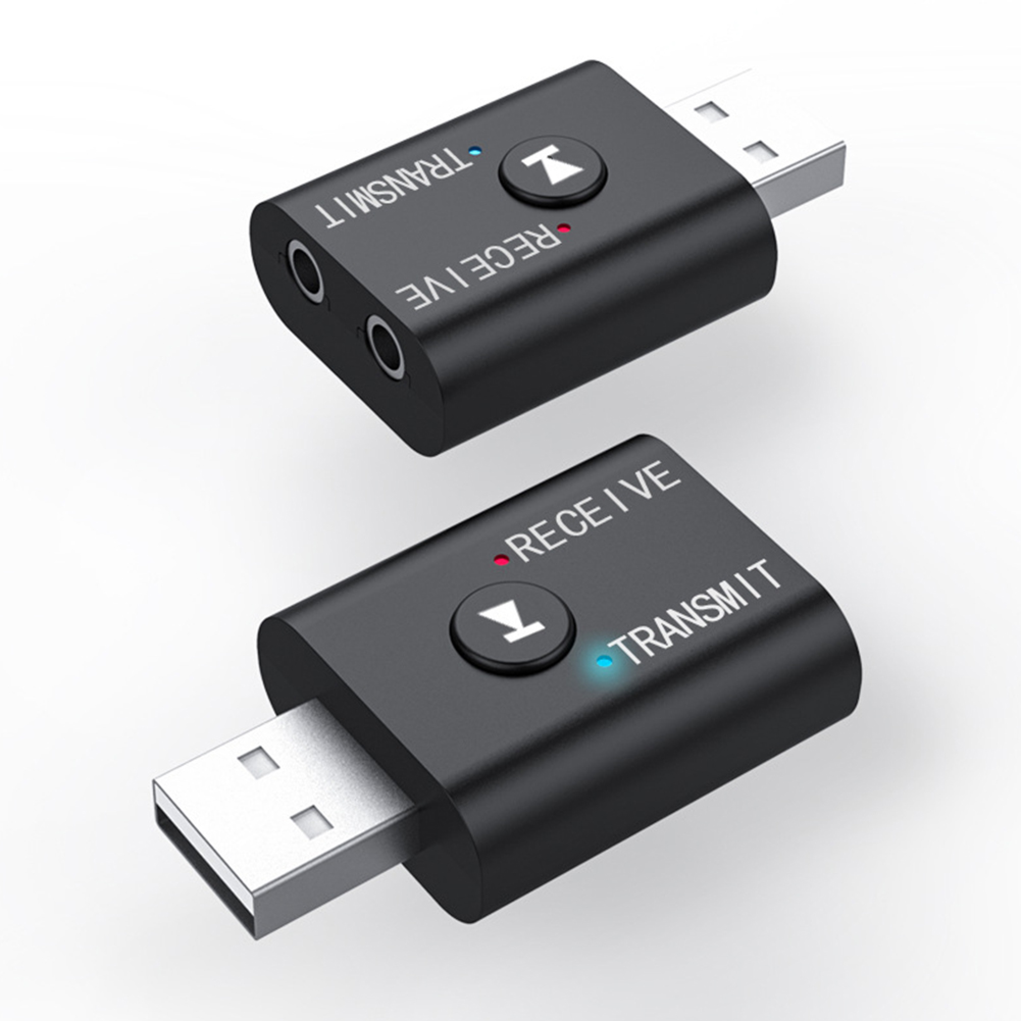 Zwei schwarze USB-Audio-Transceiver-Adapter mit Sende- und Empfangsfunktionen.