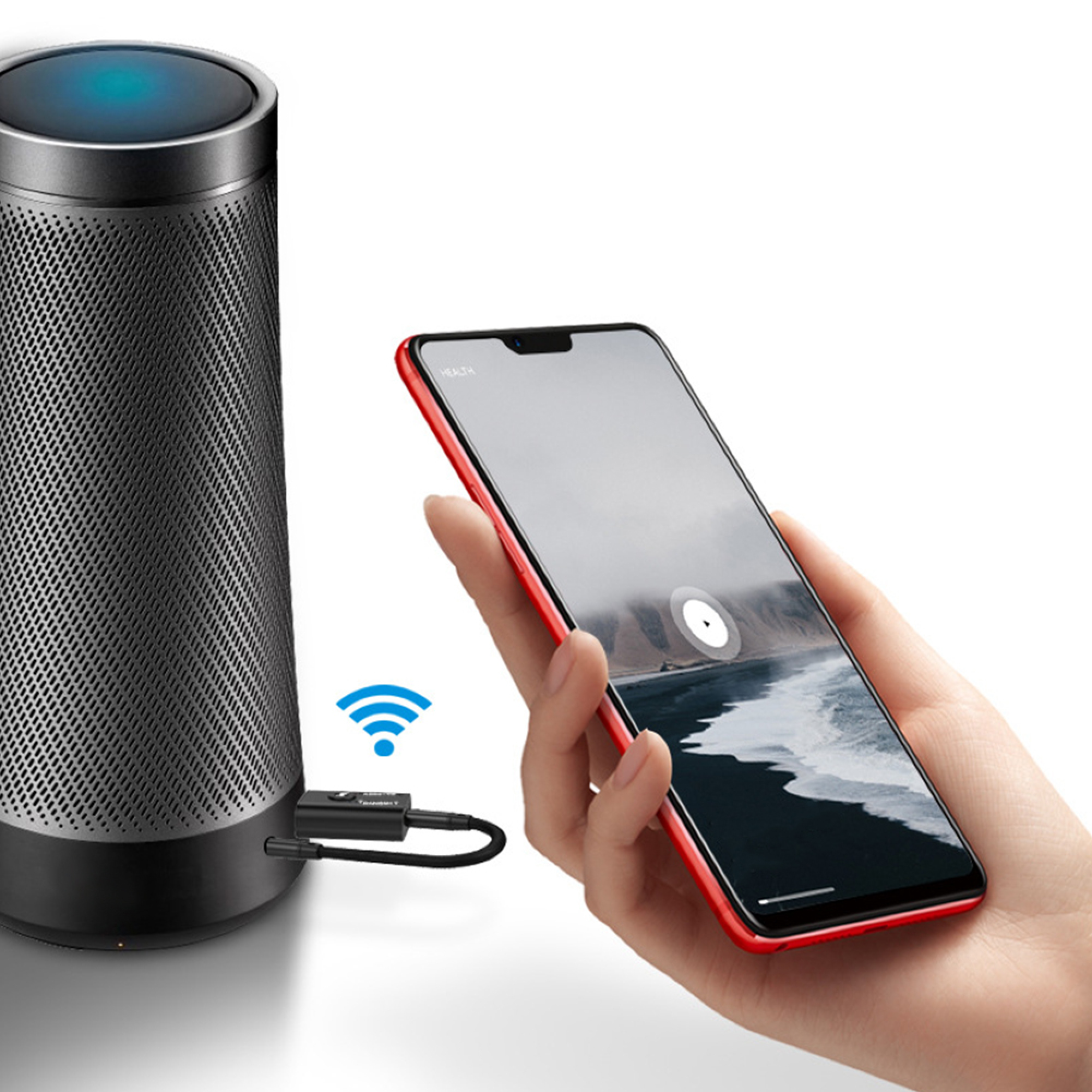 Eine Hand hält ein rotes Smartphone, das über ein Kabel mit WLAN-Symbol mit einem grauen Lautsprecher verbunden ist.