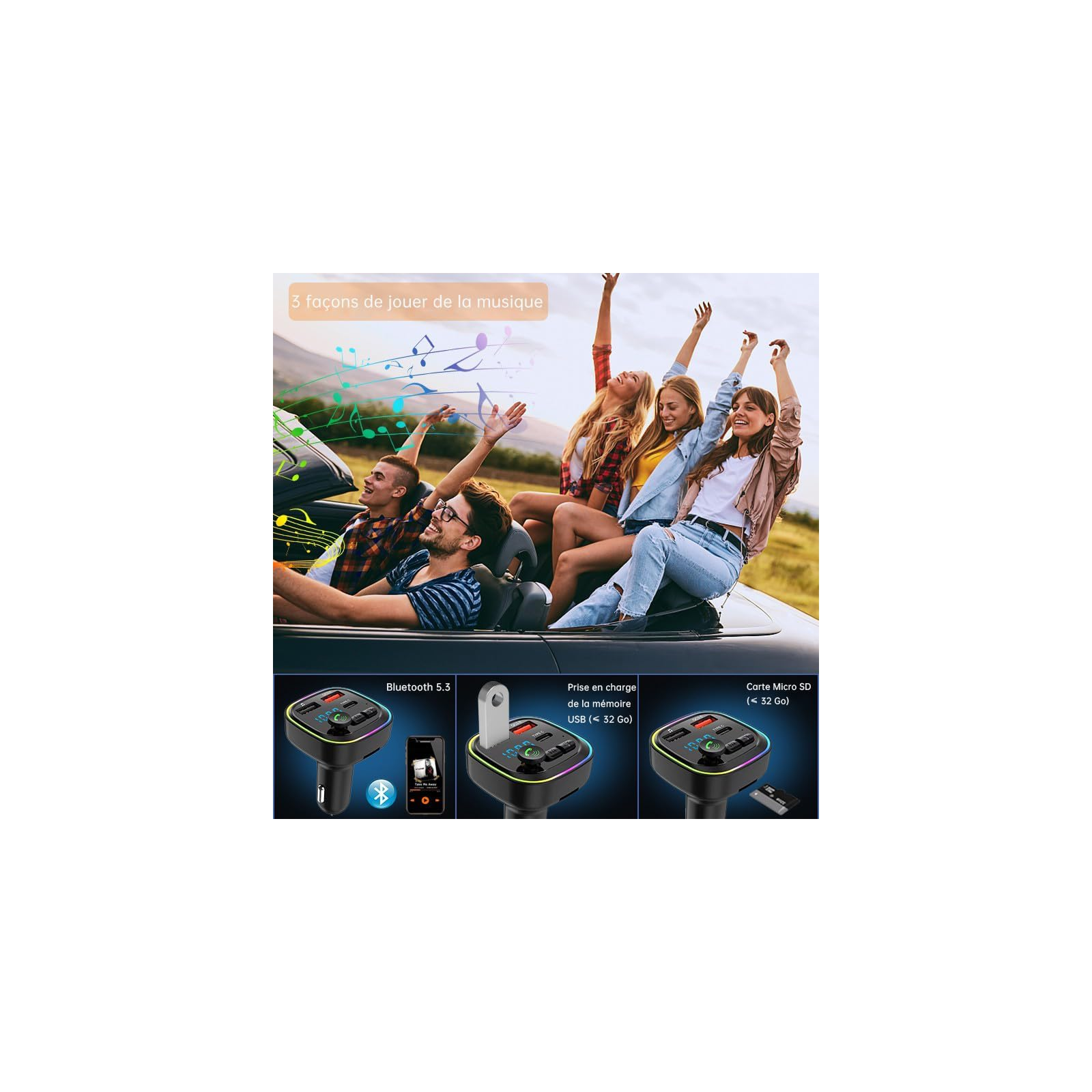 Freunde feiern im Auto, unten sind drei Wege für Musik mit einem Bluetooth-FM-Transmitter gezeigt.
