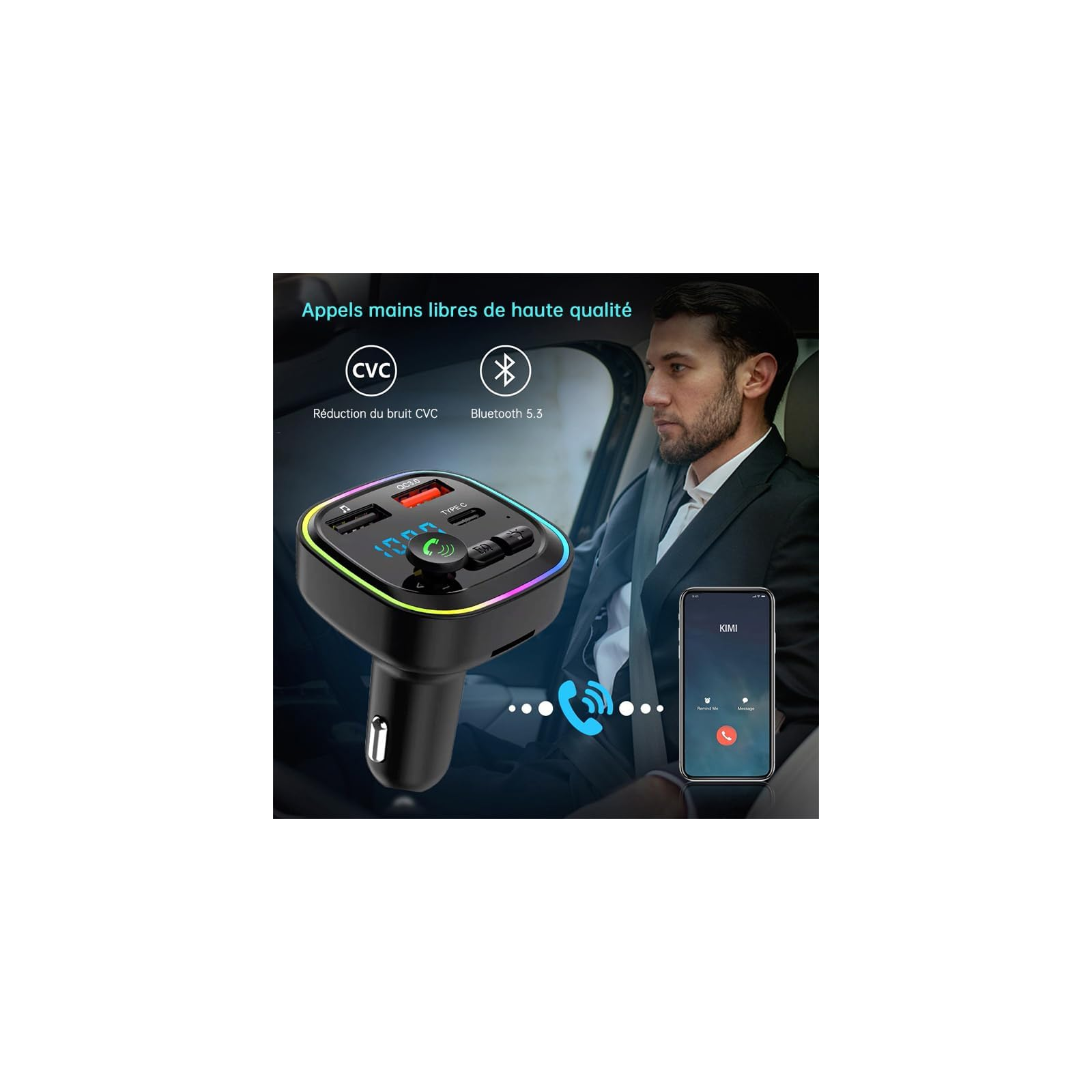 Ein Auto-Bluetooth-FM-Transmitter mit RGB-Beleuchtung im Auto, neben einem Fahrer und einem Smartphone.