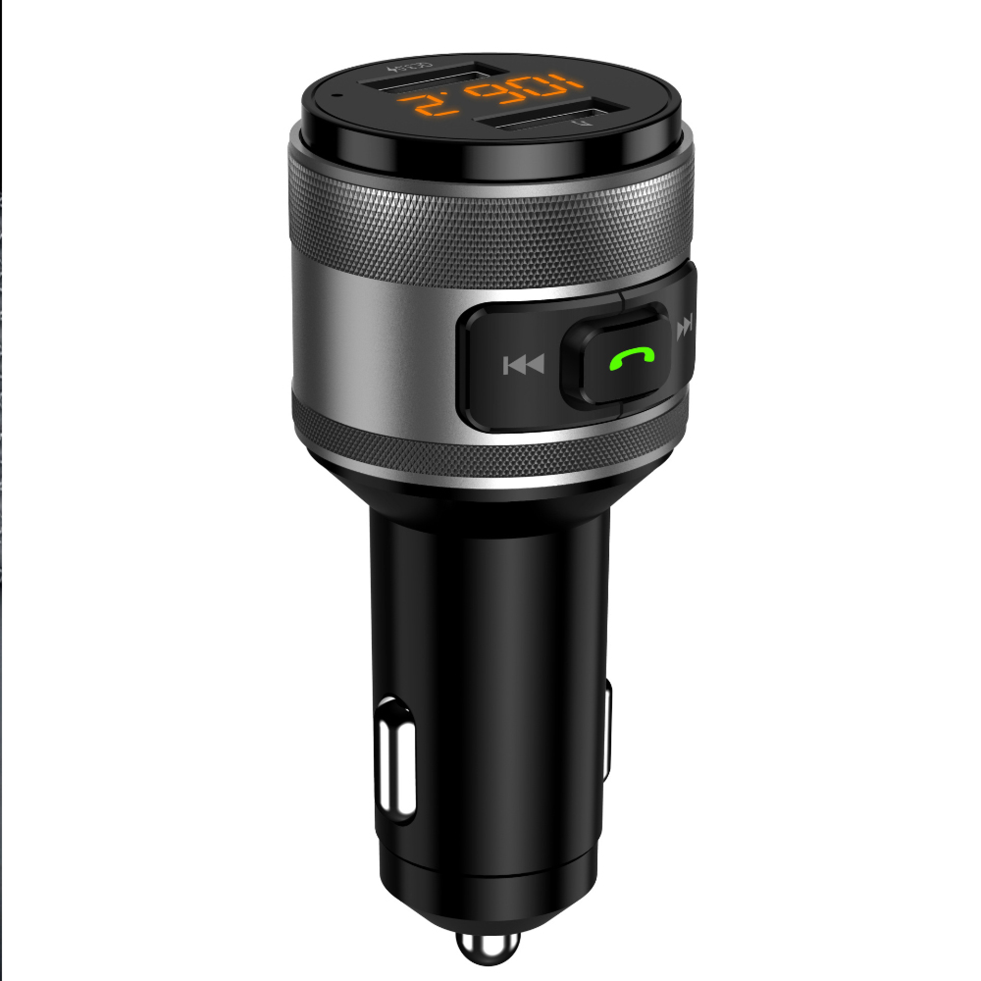 Ein schwarzer Auto-FM-Transmitter mit digitalem Display, USB-Anschlüssen und Steuertasten vor weißem Hintergrund.