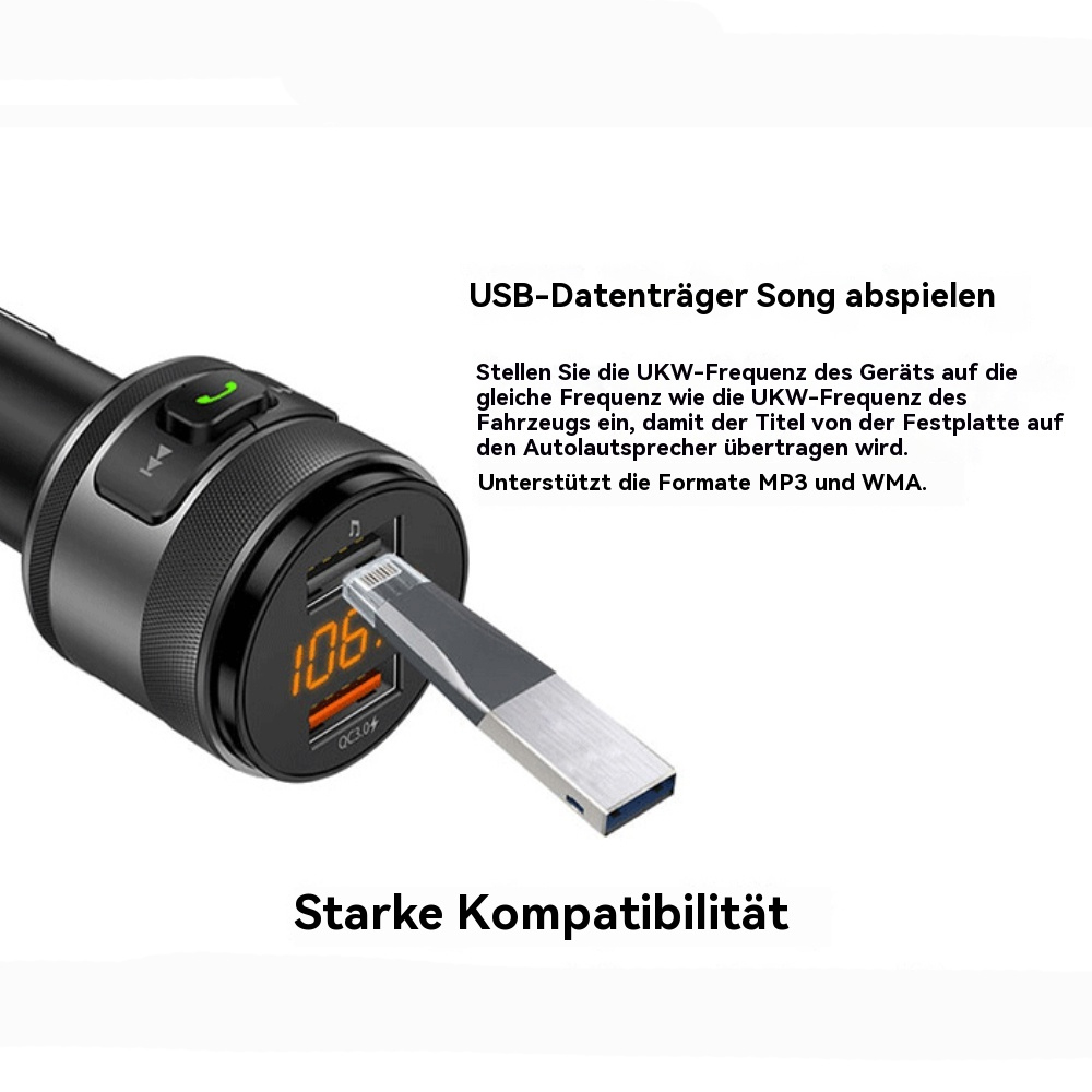 Ein schwarzes Autoladegerät mit eingestecktem USB-Stick und deutschem Text über USB-Songs und Kompatibilität.