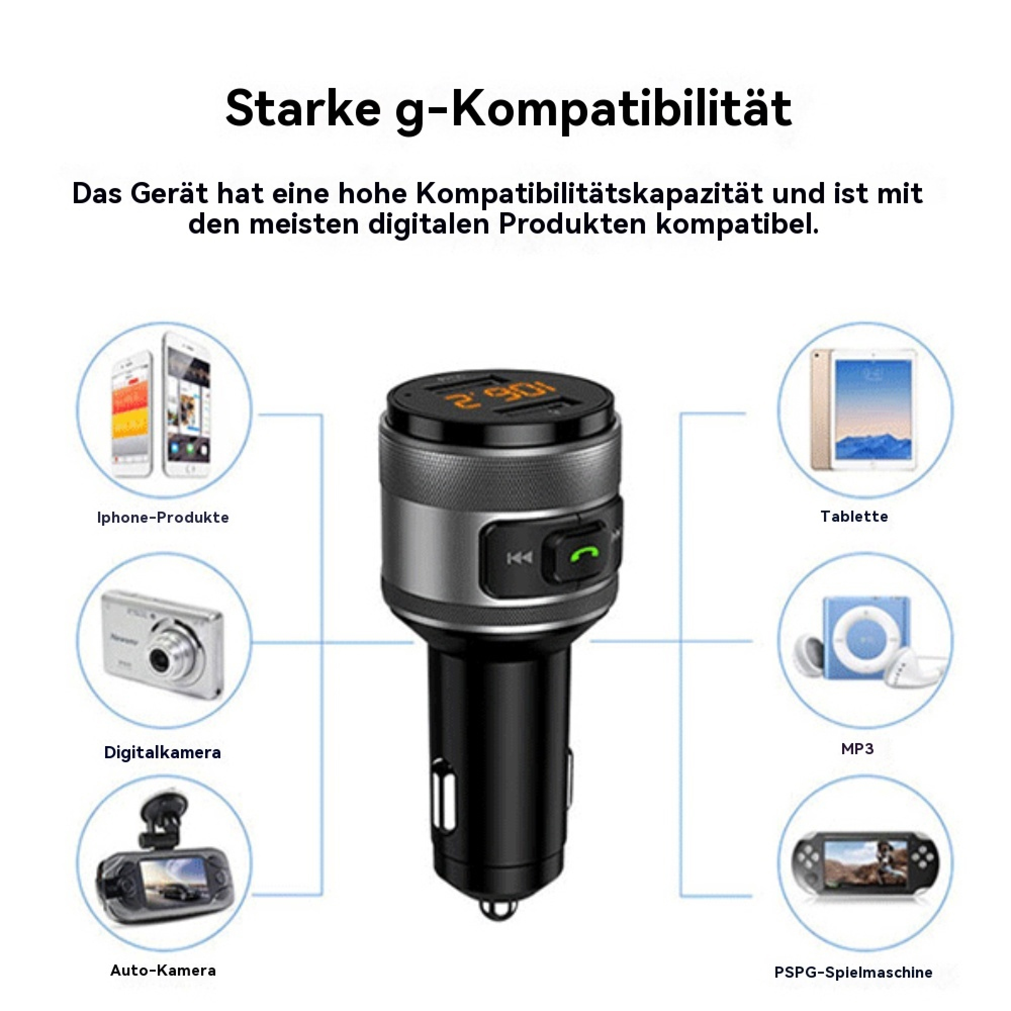 Ein schwarzes Kfz-Ladegerät, verbunden mit Symbolen kompatibler Geräte wie Handys, Kameras und Tablets.