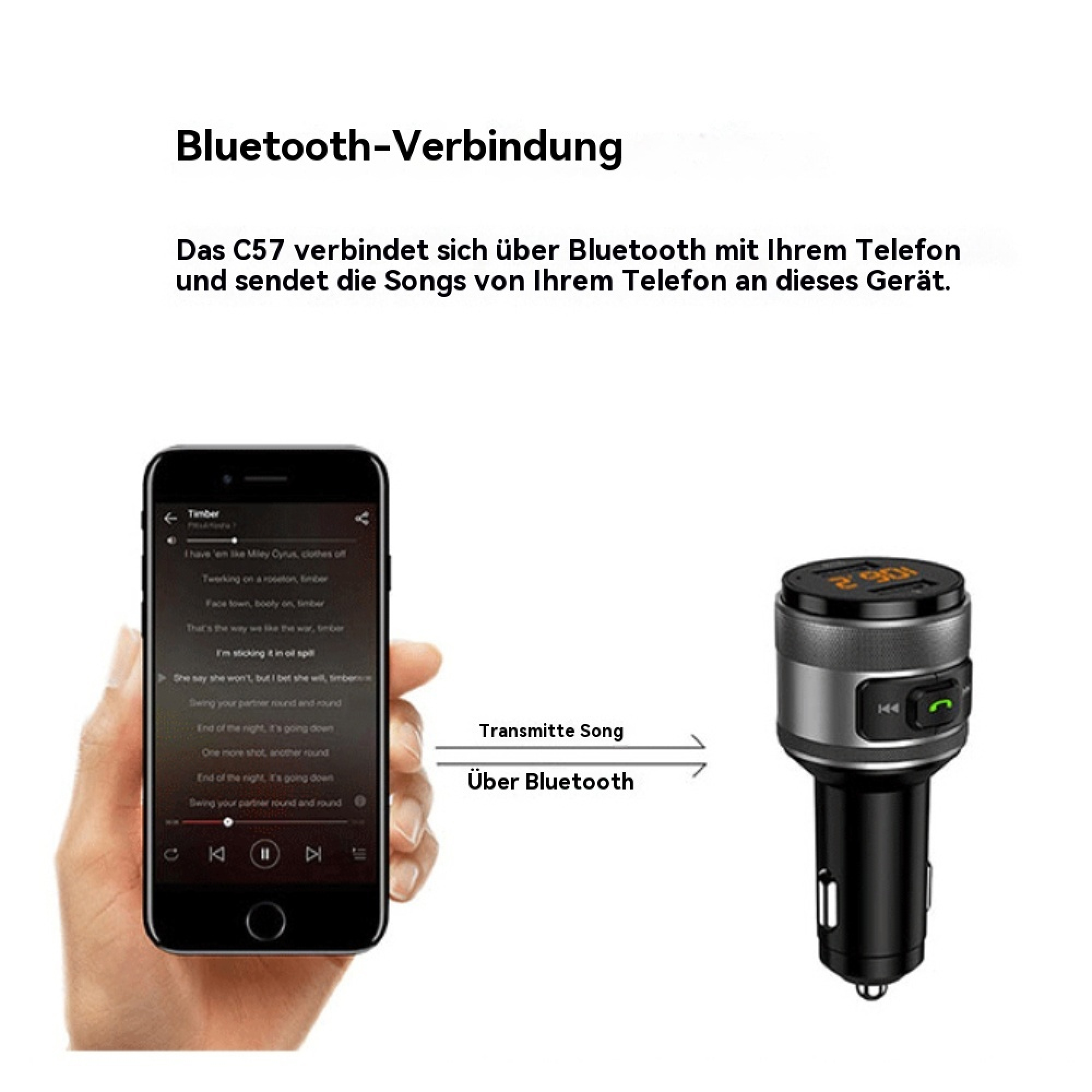 Ein Smartphone überträgt Musik per Bluetooth an einen Auto-FM-Transmitter mit digitalem Display.