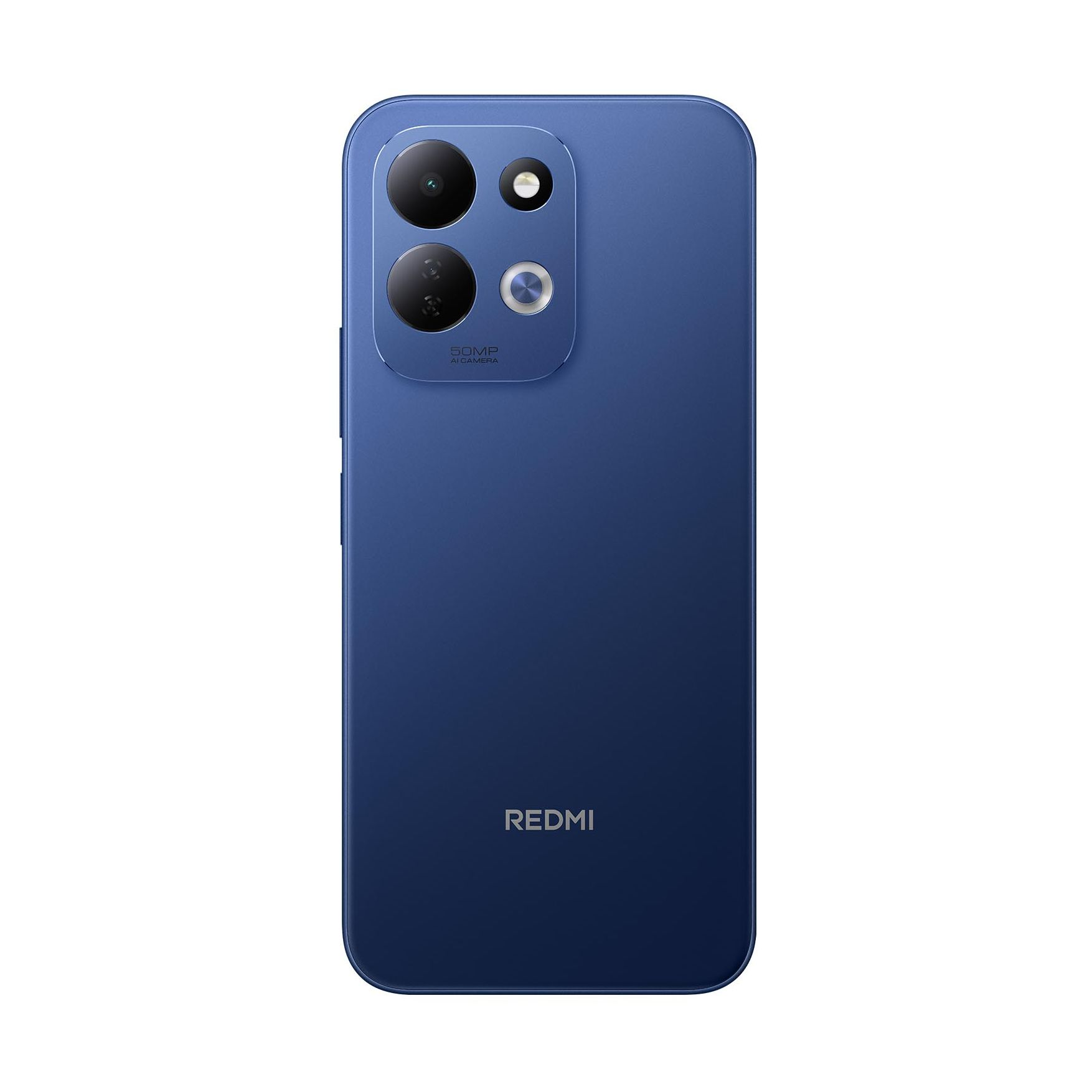 Die Rückseite eines blauen Redmi-Smartphones mit einer Dual-Kamera und dem Redmi-Logo unten.