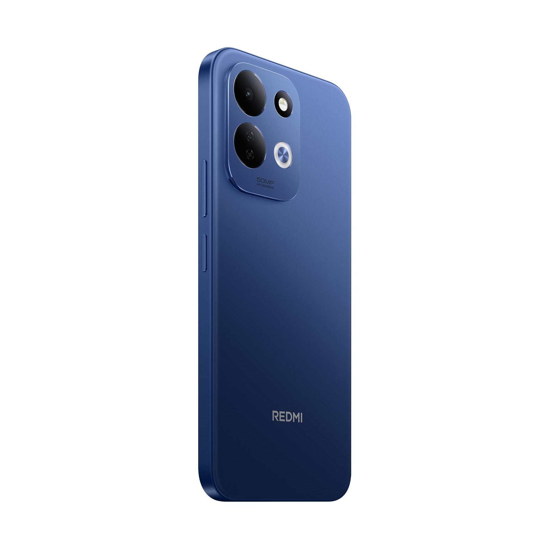 Blaue Rückseite eines Redmi-Smartphones mit zwei Kameraobjektiven und dem Redmi-Logo.