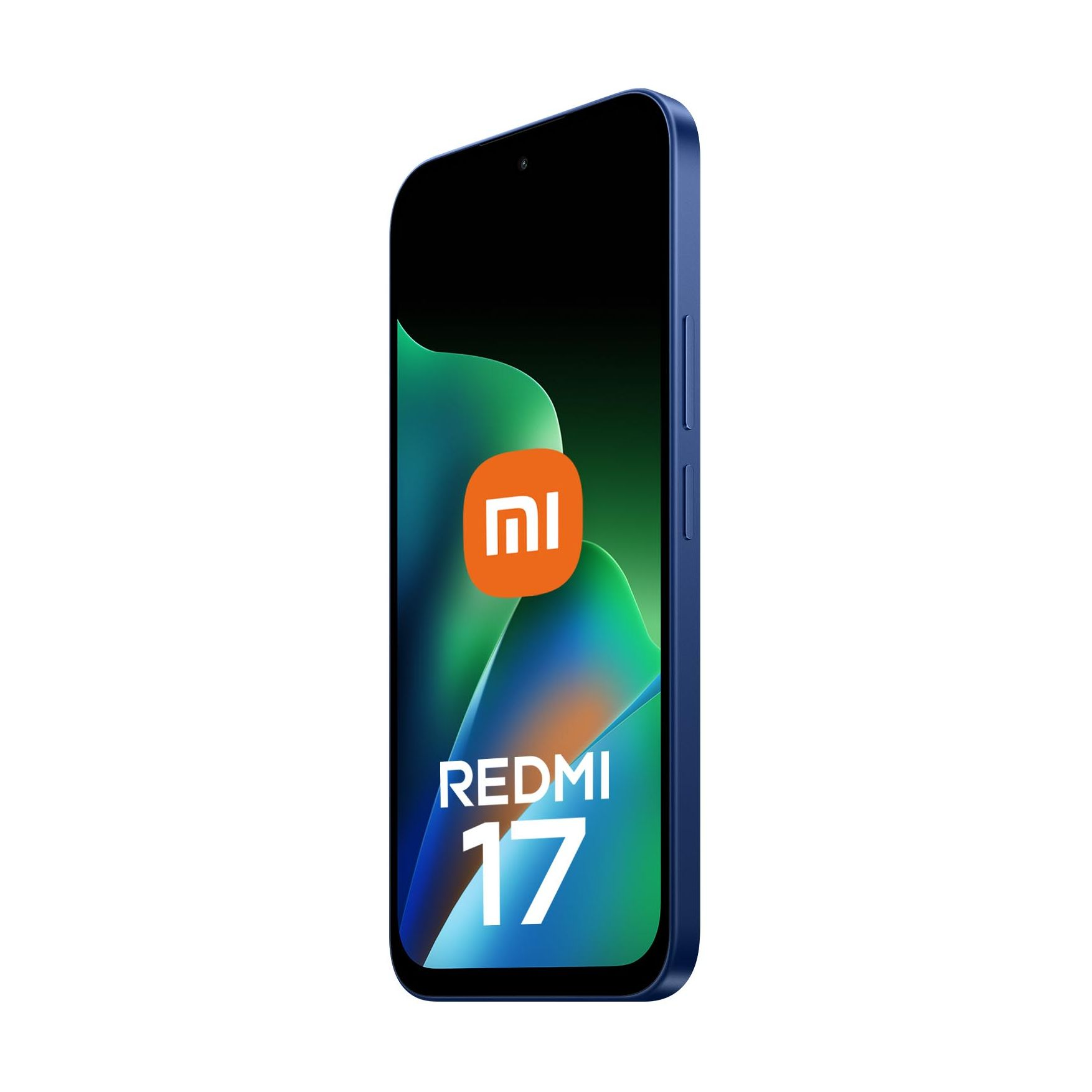 Ein blaues Xiaomi Redmi 17 Smartphone mit eingeschaltetem Bildschirm, der das Markenlogo und den Modellnamen zeigt.