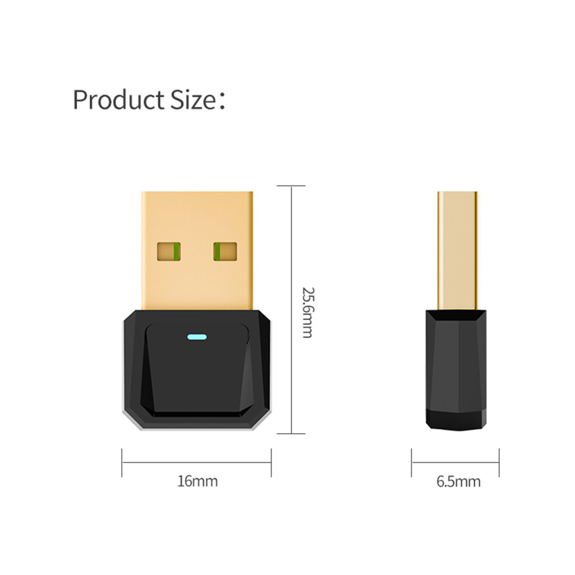 Produktgröße des USB-Adapters mit den Maßen 25,6 mm Höhe, 16 mm Breite und 6,5 mm Dicke.
