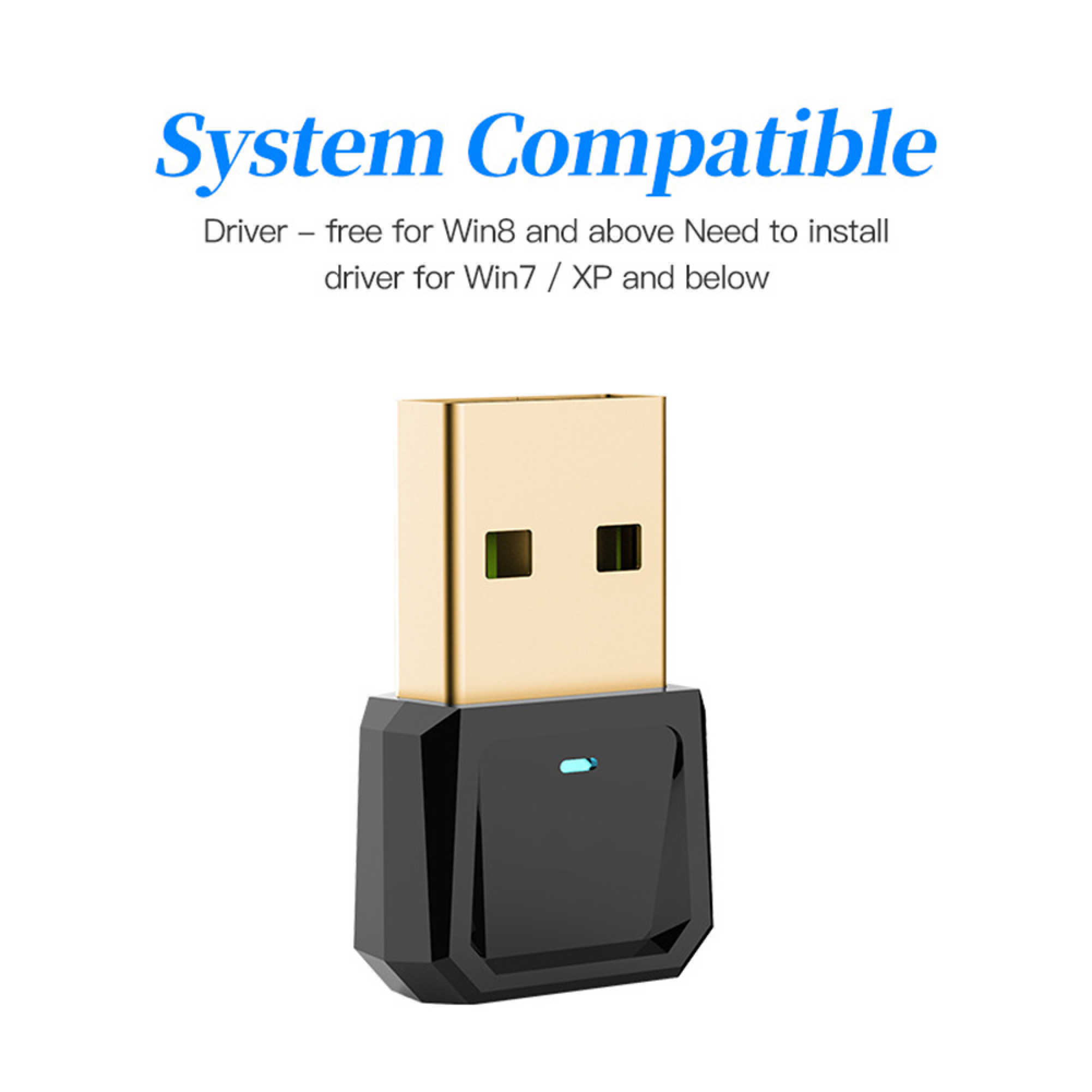 Goldener USB-Adapter mit schwarzem Gehäuse und blauem Statuslicht, darüber Text über Systemkompatibilität.