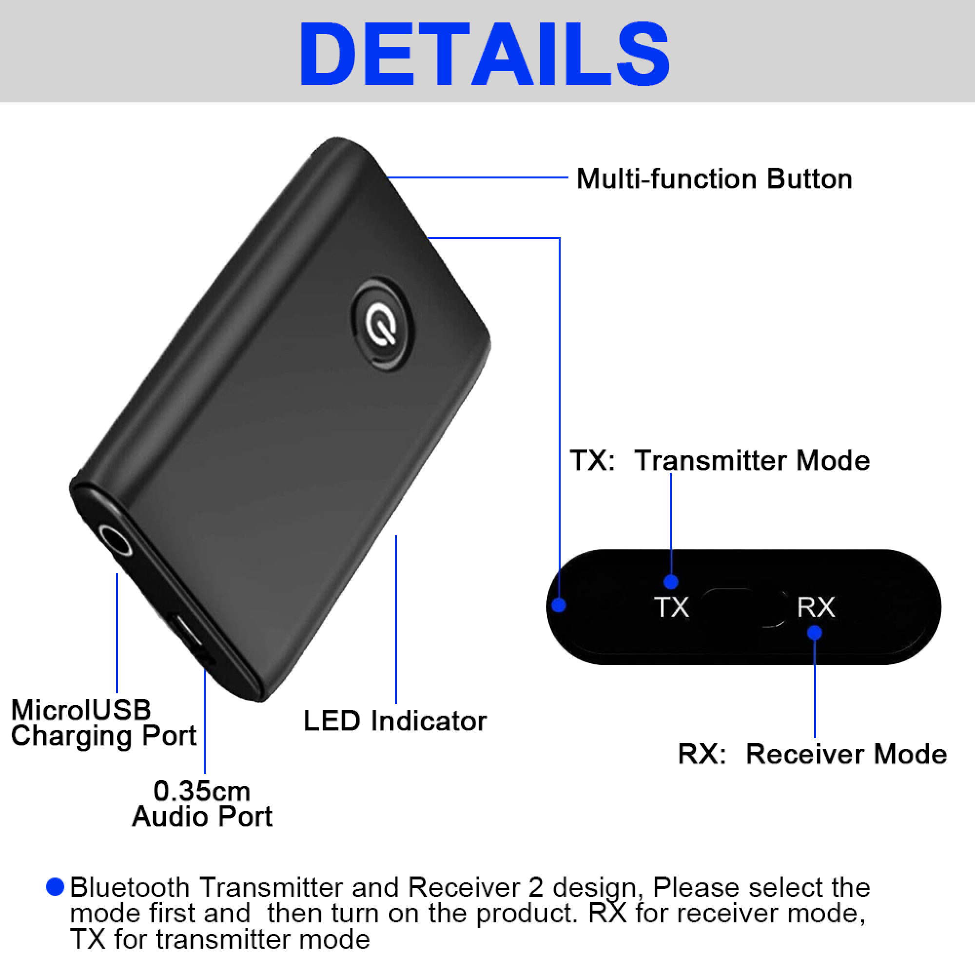 Diagramm mit Details eines schwarzen Bluetooth-Senders und -Empfängers, das Tasten und Anschlüsse hervorhebt.