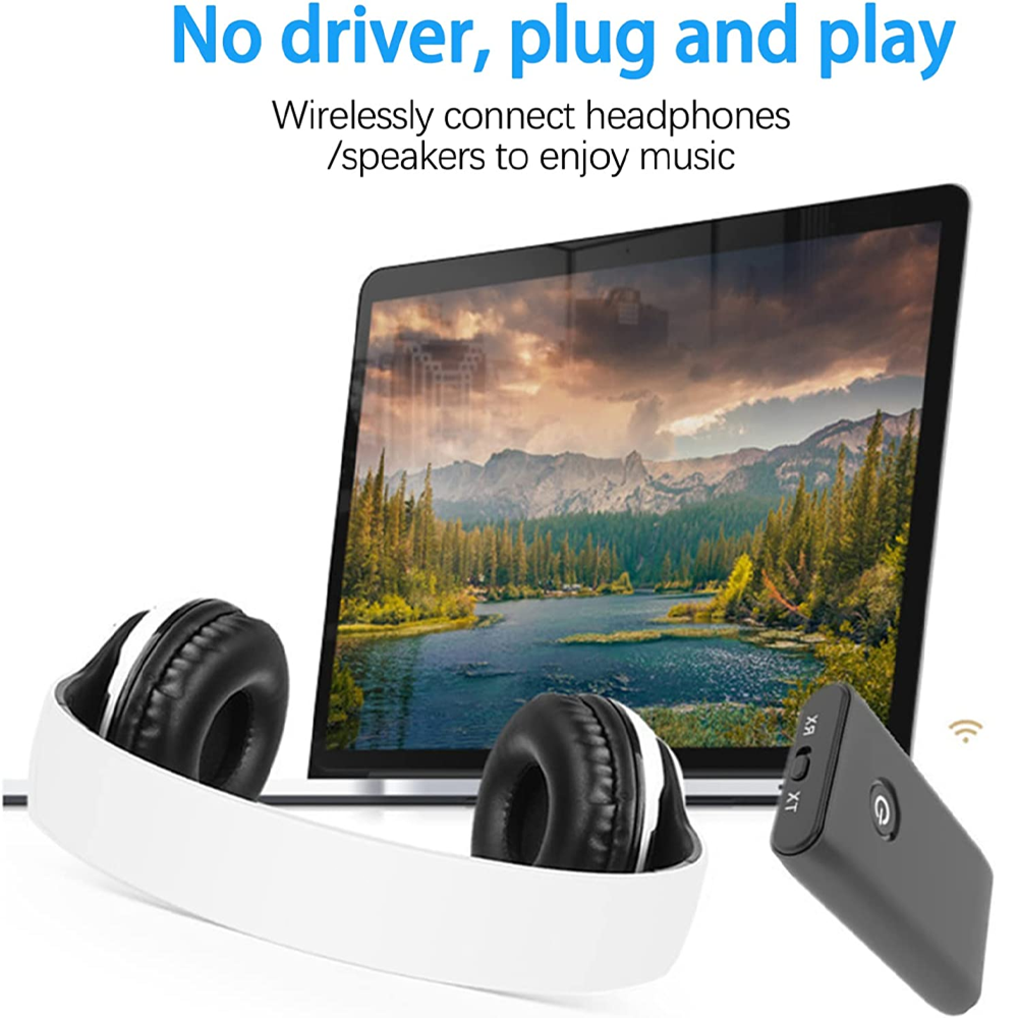 Kabelloser Audio-Adapter neben Laptop und Kopfhörern vor Bergszene.