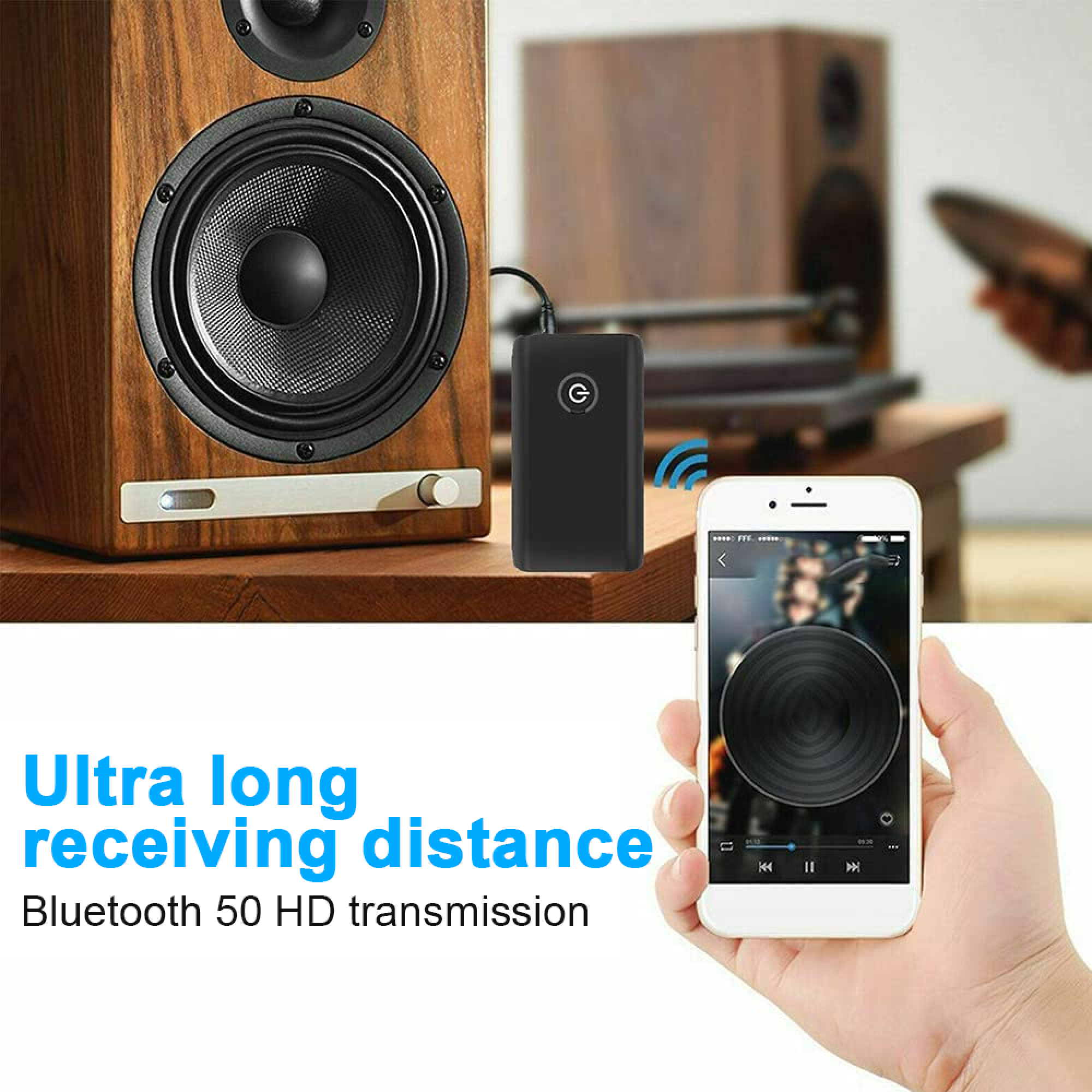 Ein Smartphone verbindet sich kabellos mit einem schwarzen Bluetooth-Empfänger an einem Holzlautsprecher.